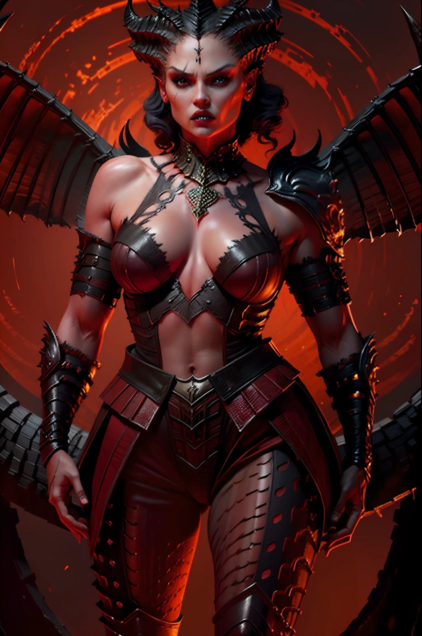 Foto RAW, Full body Closeup, fierce look, cinematic colour grading, fantasy movie,tv series, Lilith portrait standing in front of a red background in the style of D14bl0, (pele altamente detalhada: 1.2), 8k UHD, DSLR, soft-lighting, alta qualidade, grain of film, Fujifilm XT3