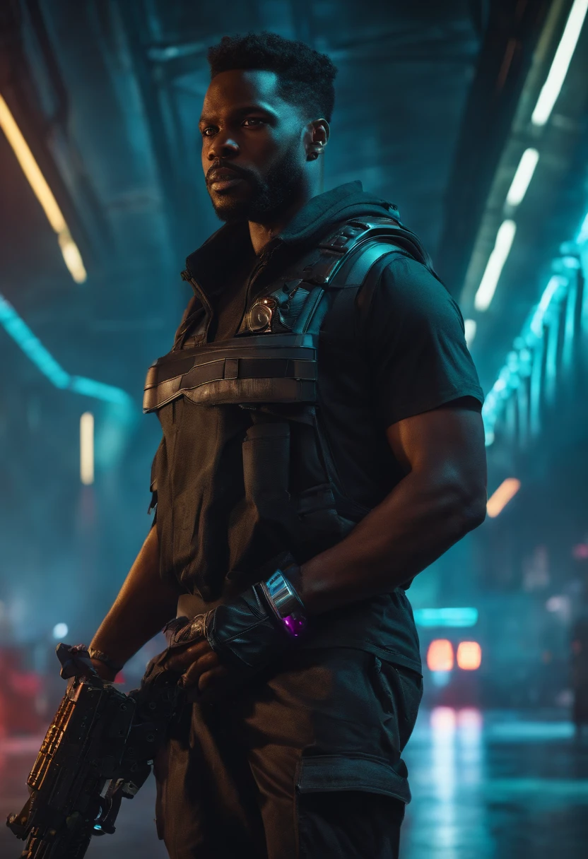 Create for me a futuristic scenario with a 35-year-old black man in cyberpunk clothing and armed with a futuristic weapon