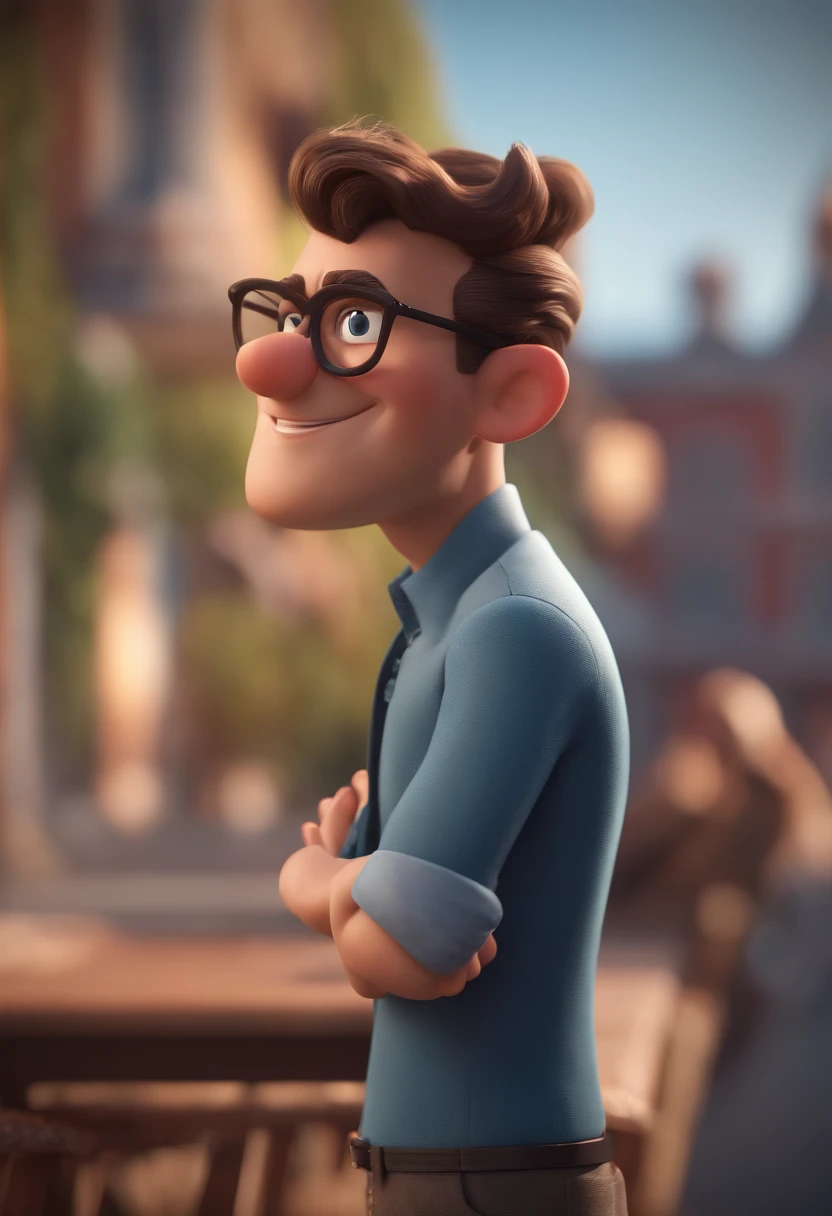 Cartoon character of a man with black glasses and a blue shirt, animation character, Caractere estilizado, animation style rendering, 3D estilizado, Arnold Maya render, 3 d render stylized, toon render keyshot, Personagem 3D, Personagem 3D, 3d rendering stylized, 3 d character render, personagem de desenho animado, Personagem de close up, Pose de personagem, (Estilo Pixar) (master part:1.2) (Bokeh) (best quality) (pele detalhada) (textura detalhada) (8k) (argila) (Cinematic lighting) (foco nítido