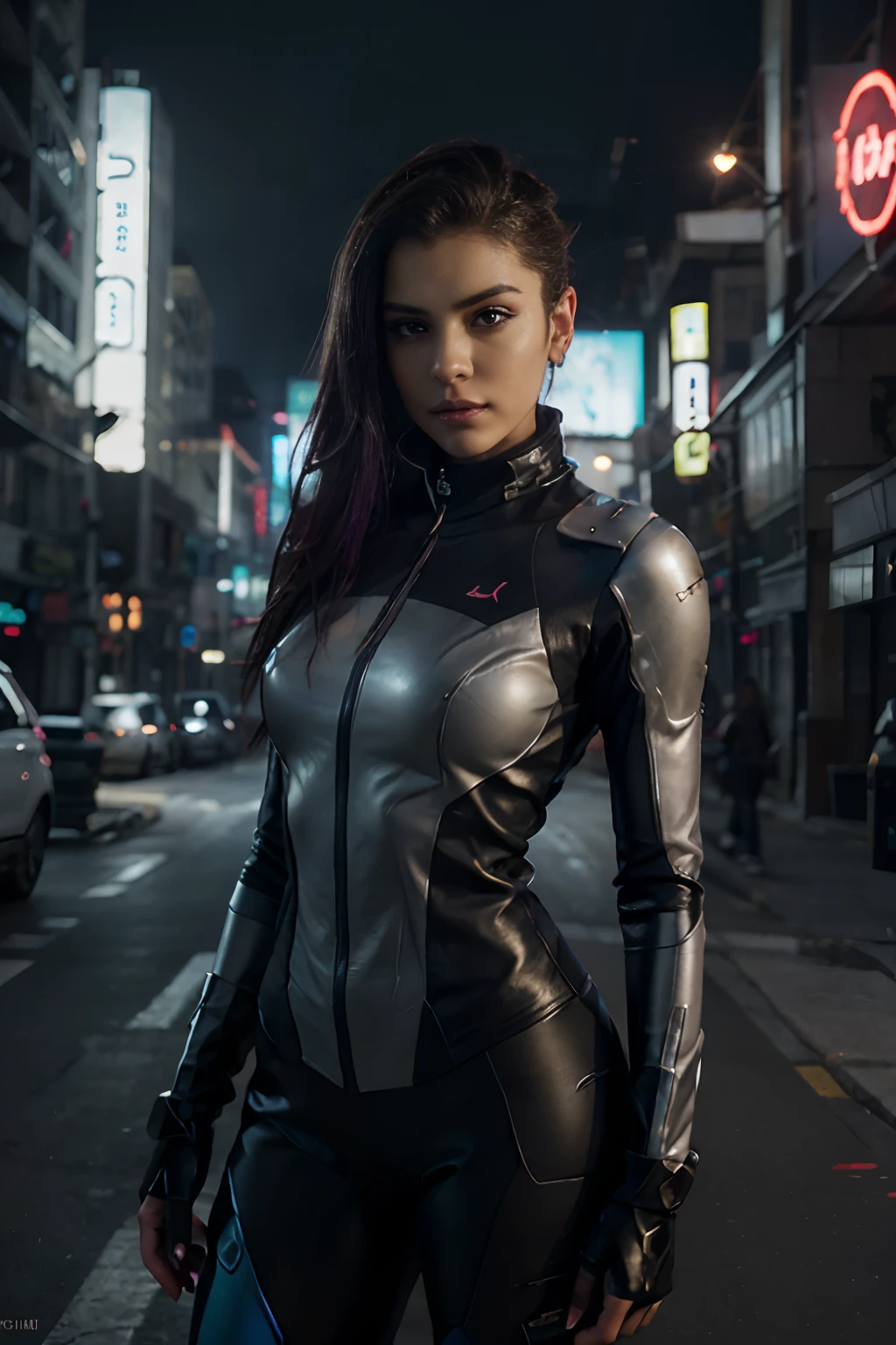 Capture the essence of Sovia, a fierce and futuristic character born from the fusion of Sombra and Samus. Show her in a full-length portrait standing in an alien city, donning a cutting-edge cyber hacker suit that seamlessly blends with her high-tech power suit. Emphasize realistic and detailed elements in the portrait to bring out the intricate design and her confident aura.