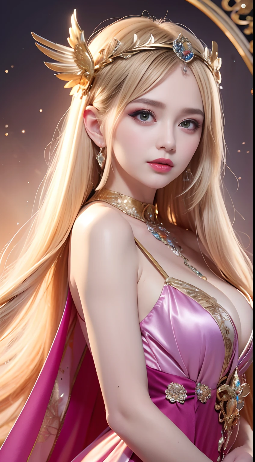 1 20 year old girl, 1 Goddess Athena, Pink and purple silk dress, The beautiful goddess Athena had no blemishes on her face, Delicate yellow dressing gown, Slim dressing gown,Paired with lots of sexy black lace details, Legend of the Saints, Goddess icon, Beautiful goddess style sparkling elegance, Dark and mysterious version, small, Well-proportioned crown, Red lips, No details, Very thin, Thin lips and beautiful lip details, Light magic, (Pure and perfect face: 1.9), Eucharist, Ultra-tight and rounded breasts, Phoenix brooch, Long bangs, (7 Rainbow hair: 1.9), Clear and beautiful face and well-proportioned eyes, (transparent yellow eyes: 1.8), (Big round eyes and detailed makeup, Very beautiful and discreet makeup, Very beautiful blonde, Light makeup, Long blonde hair, Makeup 1.8): drooping arms, realistic and vivid image, (Stars make up the sky: 1.7 ), (Heavenly skies and imaginary portals to time and space: 1.8), Fictional art, RAW photos, hanfu photos, best photos, high resolution, Best quality, best photos, Surreal portrait, Surreal photos of women, 8K quality, The best portraits of female saints, Single ladies jewelry, Color masterpiece beautiful, Upper body, Brand Tyndall effect, Realphotos, Dark Studio, Bezel light, Two-tone lighting, (Rose white skin: 1.4), (High skin detail: 1.1), 8K UHD, Digital SLR, high resolution, Soft light, High quality, High quality H, Smooth and sharp, 10x imaging, Sexy goddess, Sexy goddess: 1.8), (Beautiful eyeshadow background: 1.8), (Spacey's Eye, Background light: 1.8), (Space eyes, Soft background: 1.8), (Space eyes are best, Perfect eyes, Single Girl 1, Virgin and beautiful flowers,
