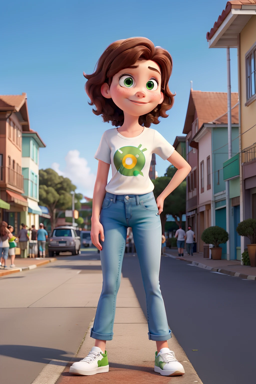 Pixar Disney girl, brown hair, green eyes, jeans and white shirt, white sneakers in the city of Florianópolis