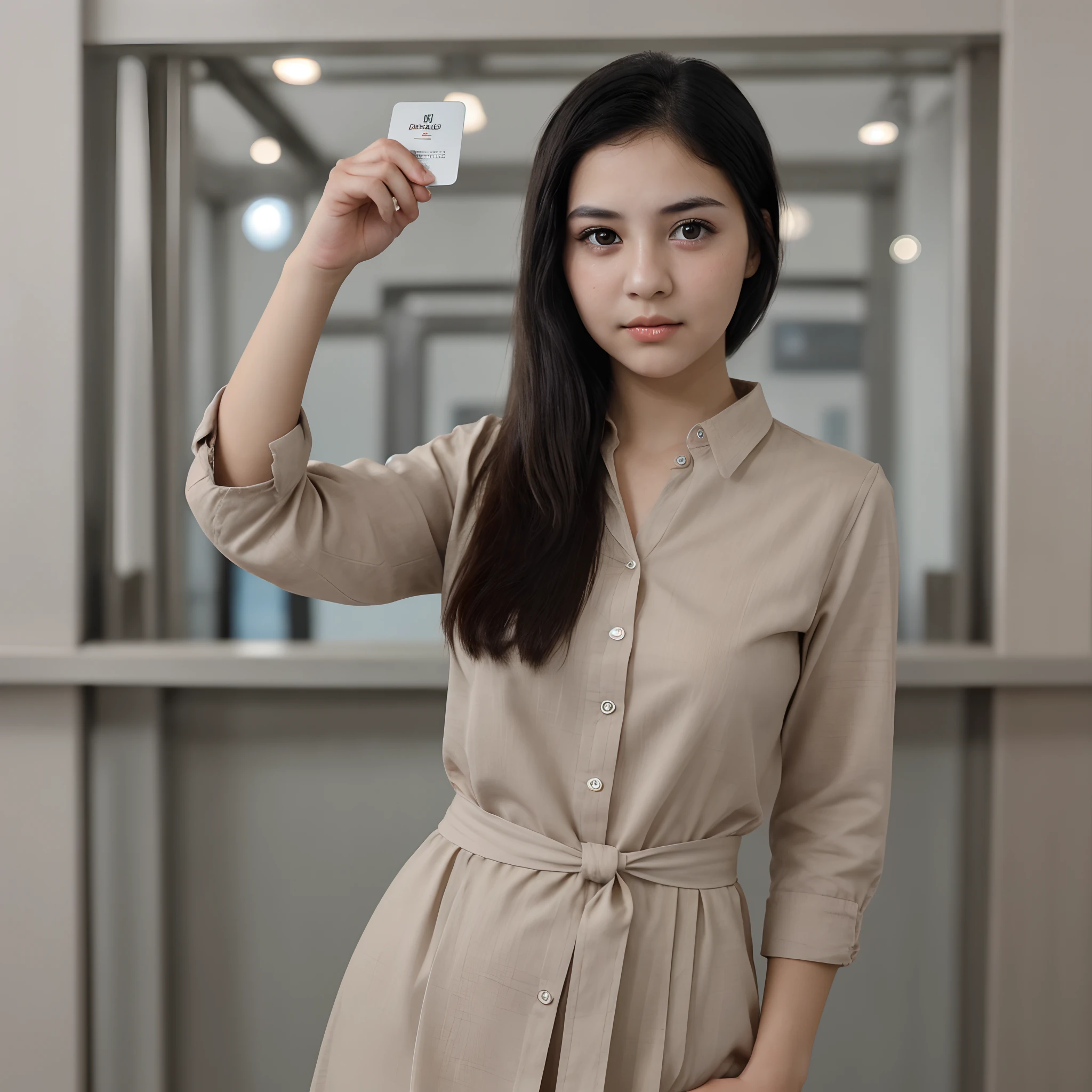 1 girl, high quality, sharp image, beautiful girl, black hair, brown eyes, Wear polite clothes, eyes looking into the camera, Stand straight, face straight, look at the camera, take ID card, take ID card.