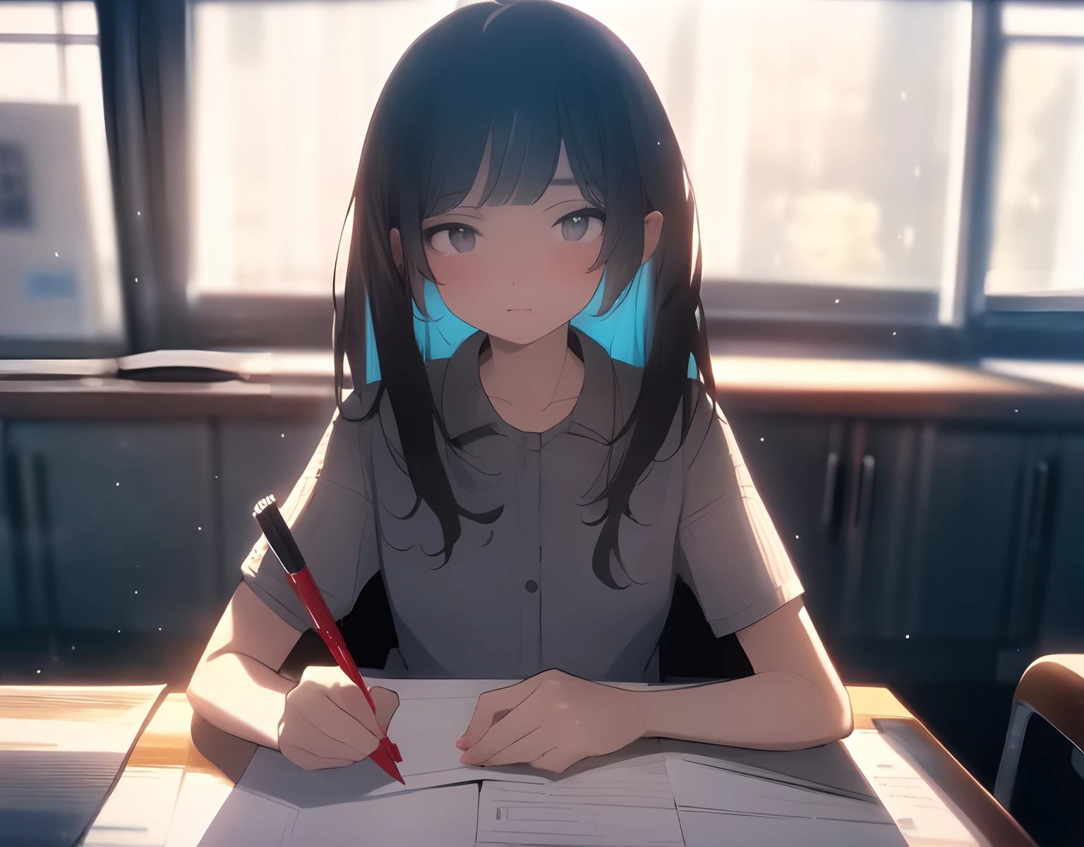 (best quality,highres),1girl,anime style,detailed eyes and lips,bored expression,studying diligently,using pen and paper to draw an anime manga,clean and detailed anime style shading,anime sketch,anime art,cute art style,anime drawing,pencil shading,touch of cuteness,colorful and vibrant,flat anime style,meticulous details,determined expression.