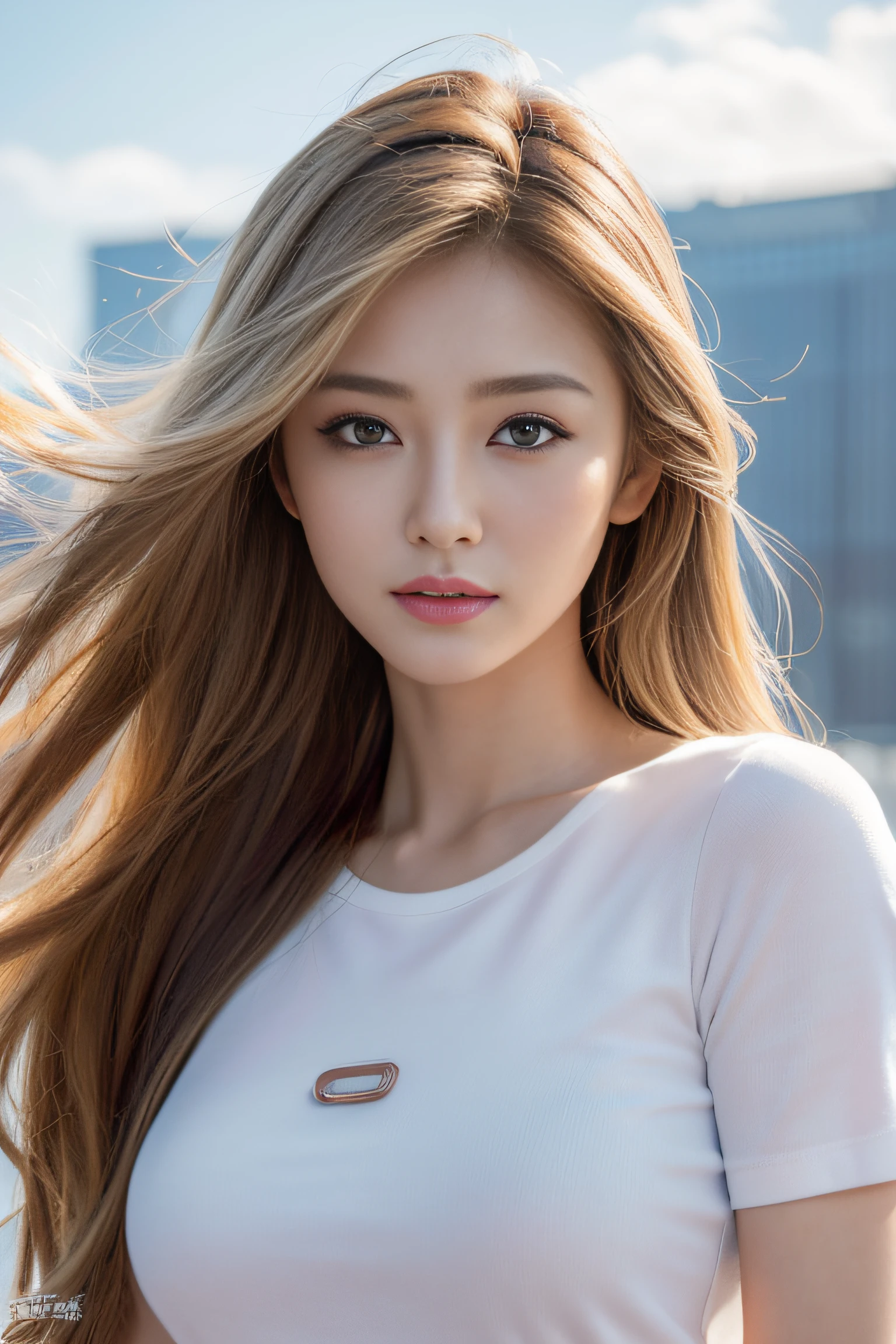 (masterpiece:1.2), ultra detailed, ultra high res, (realistic, photo realistic:1.37), high detail RAW color photo, professional photograph, an extremely delicate and beautiful, extremely detailed, 8k wallpaper, Amazing, finely detail, huge file size, extremely detailed beautiful girl, extremely detailed face, extremely detailed eyes, extremely detailed skin, extremely detailed fingers, highly detailed nose, highly detail mouth, Perfect Anatomy, Highly detailed background, (a famous actress of Japan:1.2), (gals:1.5), (flat chest), brown race, dark skin, blond hair, (happy face:1.2), (wind blowing:1.3), dynamic pose, T-shirt, fly in sky, stunning high-rises background, stunningly beautiful, blush, Fantasy, highly detailed, dynamic lighting, daytime, full body