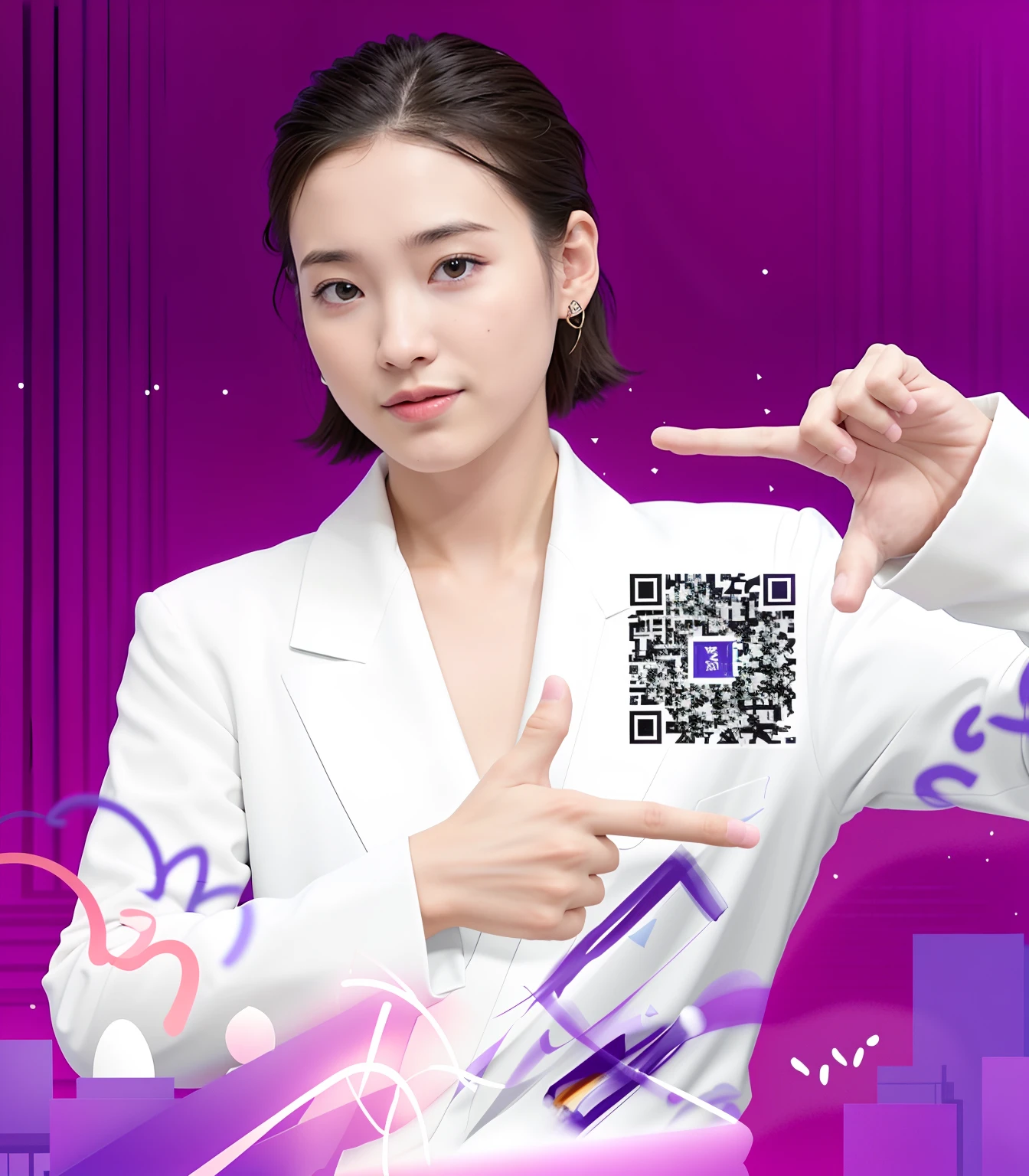 Close-up of a person pointing to a QR code, 🔞🤡, author:Wang Yi, zeng fanzh, Taoist, inspired by Cheng Jiasui, photo from 2022, author:Xi Gang, scan, author:Gozen, kda, smartphone displays qr code, xision wu, Very tiny, background is purple, 9K