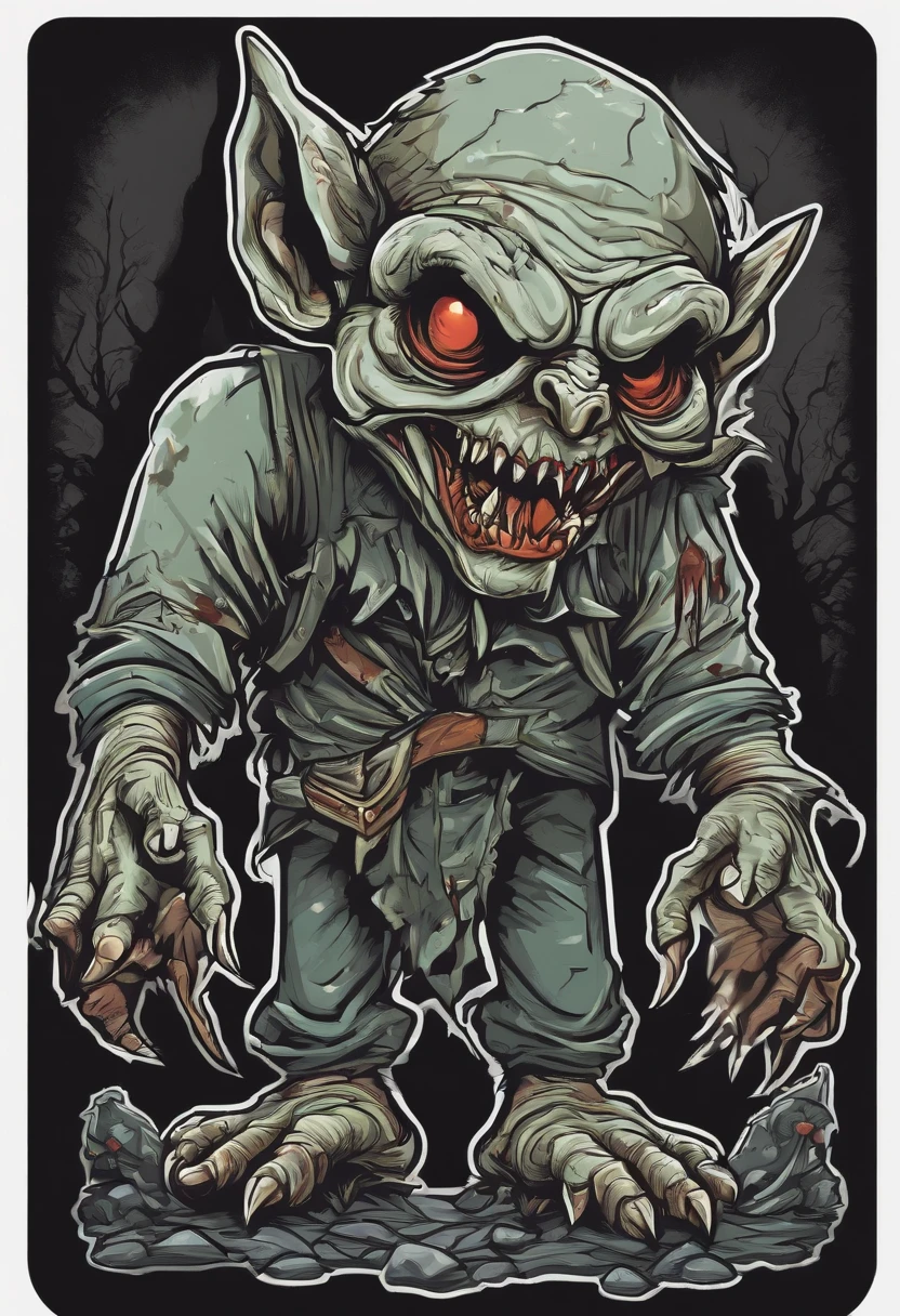 /imagine prompt: evil zombie goblin illustration for a sticker with a black background, in bold outline style, jagged edges, trashcore, light shading --v 5.2