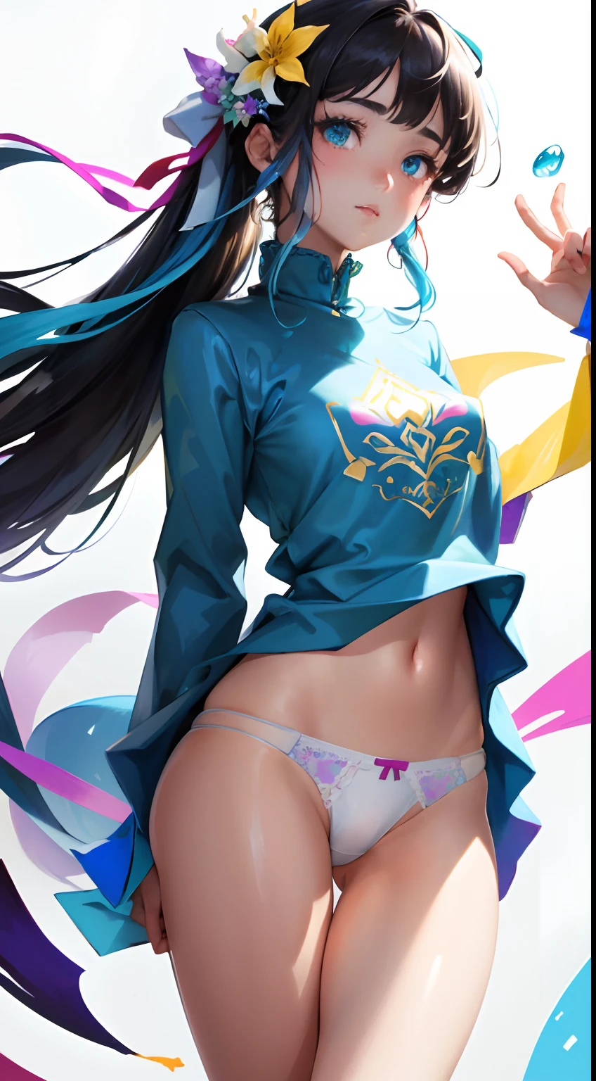 (masterpiece), (best quality), (ultra detailed),(disheveled hair),(illustration), (1girl), (Fashionable clothing), standing, Fashion model, looking at viewer, (interview), (simple background),beautiful detailed eyes, delicate beautiful face, Floating,(high saturation),(colorful splashes),colorful bubble,(shining), focus on face, ponytail, kamisato ayaka, light blue hair, bangs, hair ring, floating flowers, floating hairs, (shining), best lighting, best shadow,(show off white panties:1.3)