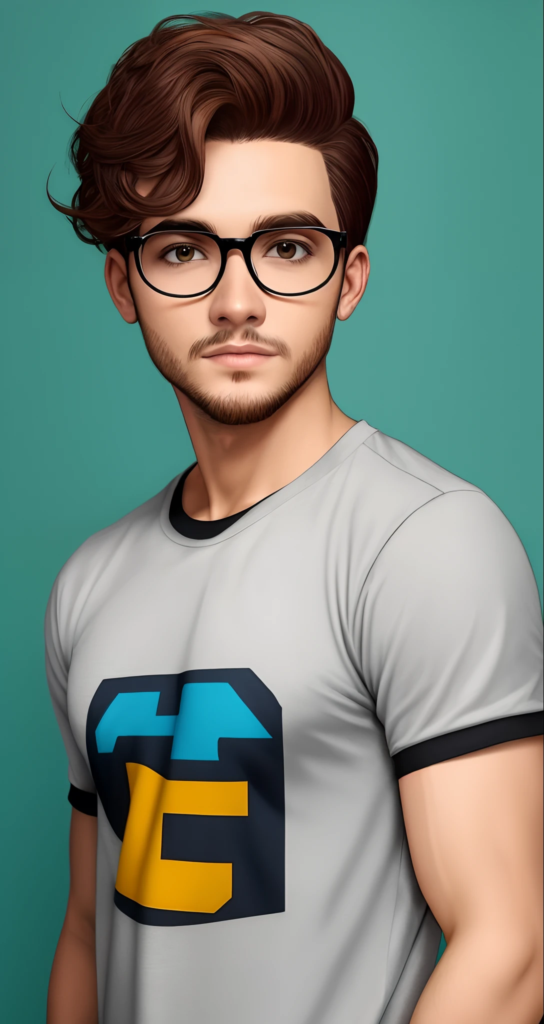 Estilo Pixar: Jovem homen de pele clara, com aproximadamente 20 anos com barba extremamente curta, Shaven done at zero wearing a gray t-shirt with thin copper-colored round glasses with shaved hair on the sides, cabelo ruivo  olhos verdes muito cacheado, cabelo com corte degrade nas laterais, cabelo marrom escuro, narigudo e orelhudo, 3D,Disney