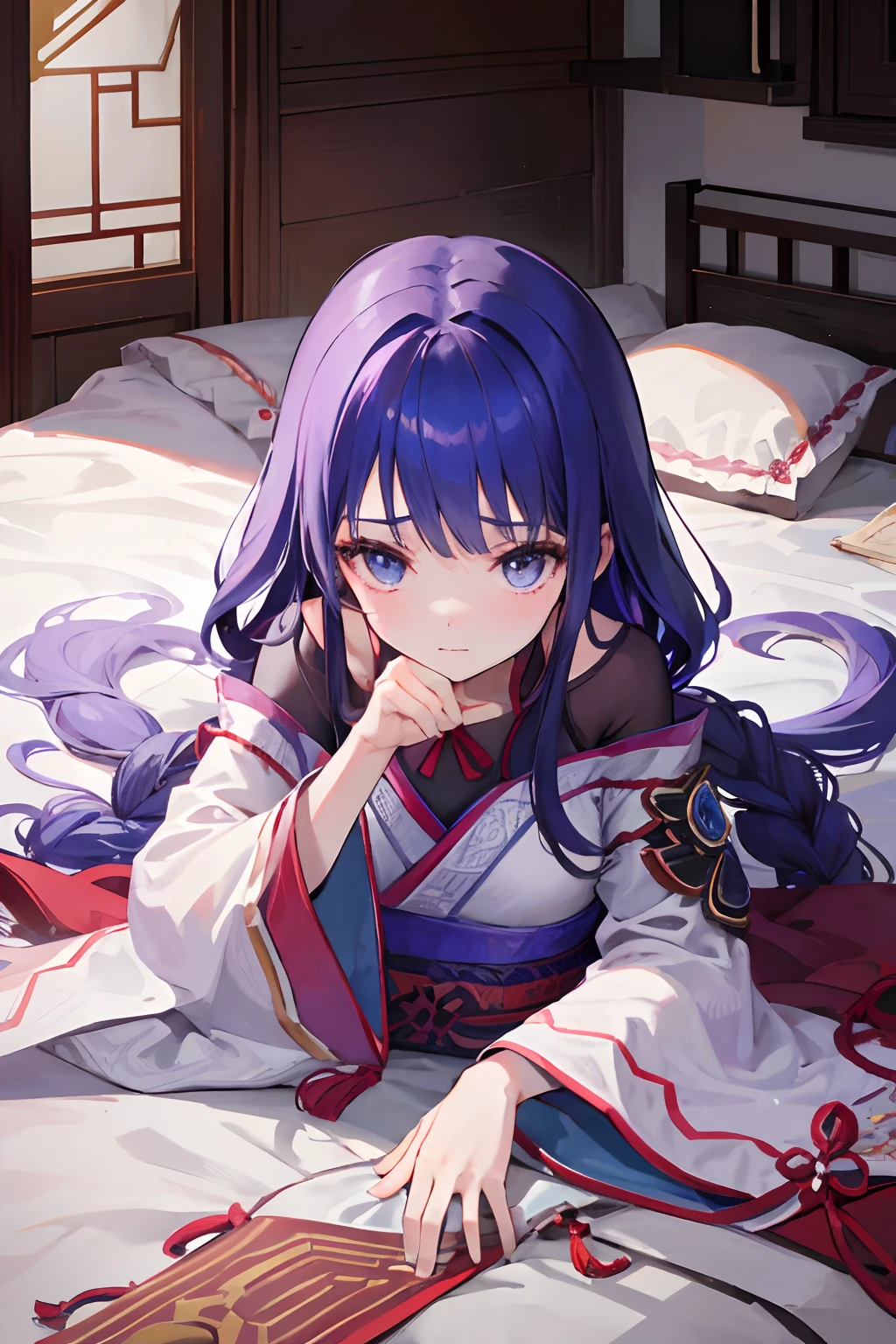 (A -yeld giwith long hair wearing Hanfu 1.4)
(Lie down in bed,The expression widened in surprise。1.5)
(In an ancient room。1.5)