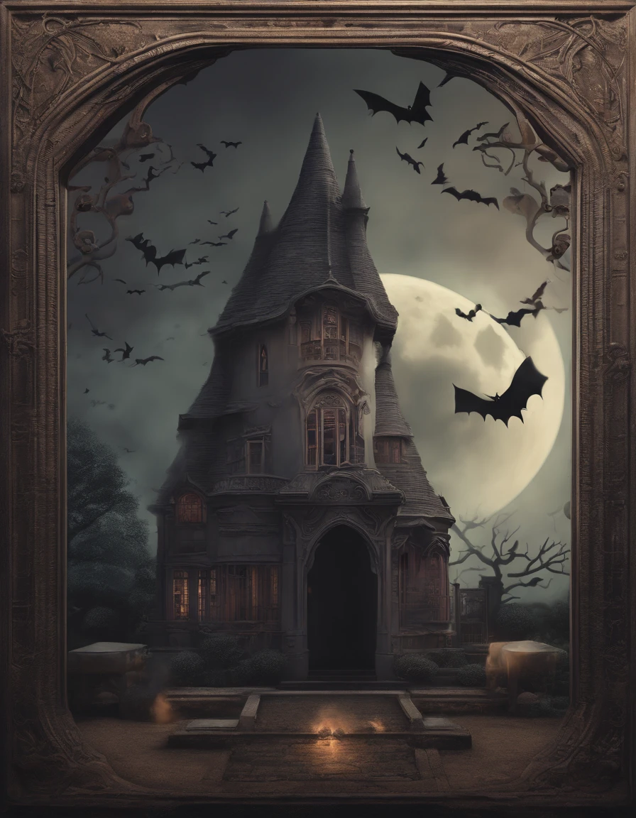 (best quality,4k,8k,Altas,master part:1.2),ultra-detalhado,(Realistic,fotorrealista,photo-realistic:1.37),morcego bonito assustador, Haunted Mansion, lua cheia, atmosfera escura, gothic architecture, sombras sinistras, Arredores enevoados, Moonlight reflection, olhos intensos, batendo asas, portas rangendo, Mystical creatures, Atmosfera misteriosa, assombrosamente bela, Mystical sky in the moonlight, ambiente encantador, Morcegos voando, Aura assombrada, charme assustador, drama noturno, Victorian-style mansion, majestic presence, sinister vibes, Darkly magical, twisted tree branches, luar brilhante, Spooky elegance, feeling of abandonment, eerie silence, mystic atmosphere, Charme Assombrado, gloomy setting, fofura assustadora, Enchanting scenery, Frighteningly adorable bat, ghosty aura, Segredos Obscuros, beleza sinistra, elementos sobrenaturais, Mysterious allure, fantasia assustadora, Sinister allure, mulher de cabelos prateados e fantasia de halloween, vestido velho e rasgado, pale face
