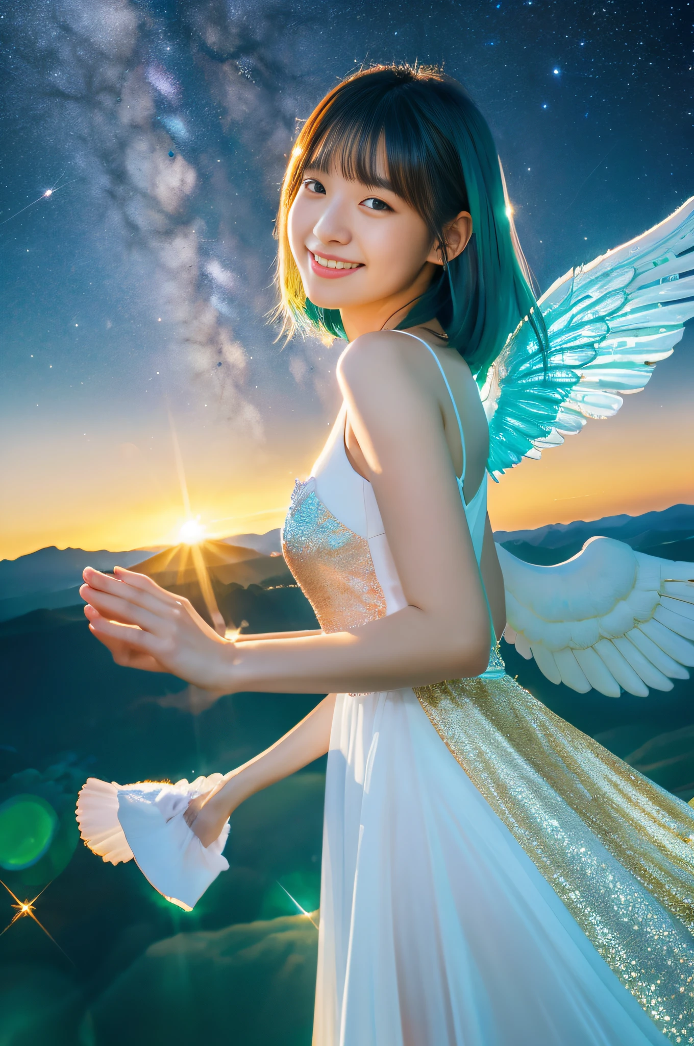femele, Teal Hair, Smile, Angel wings, Golden halo, White Dress, erect through, In outer space, Milky Way in the background, Distant stars, Upper body、