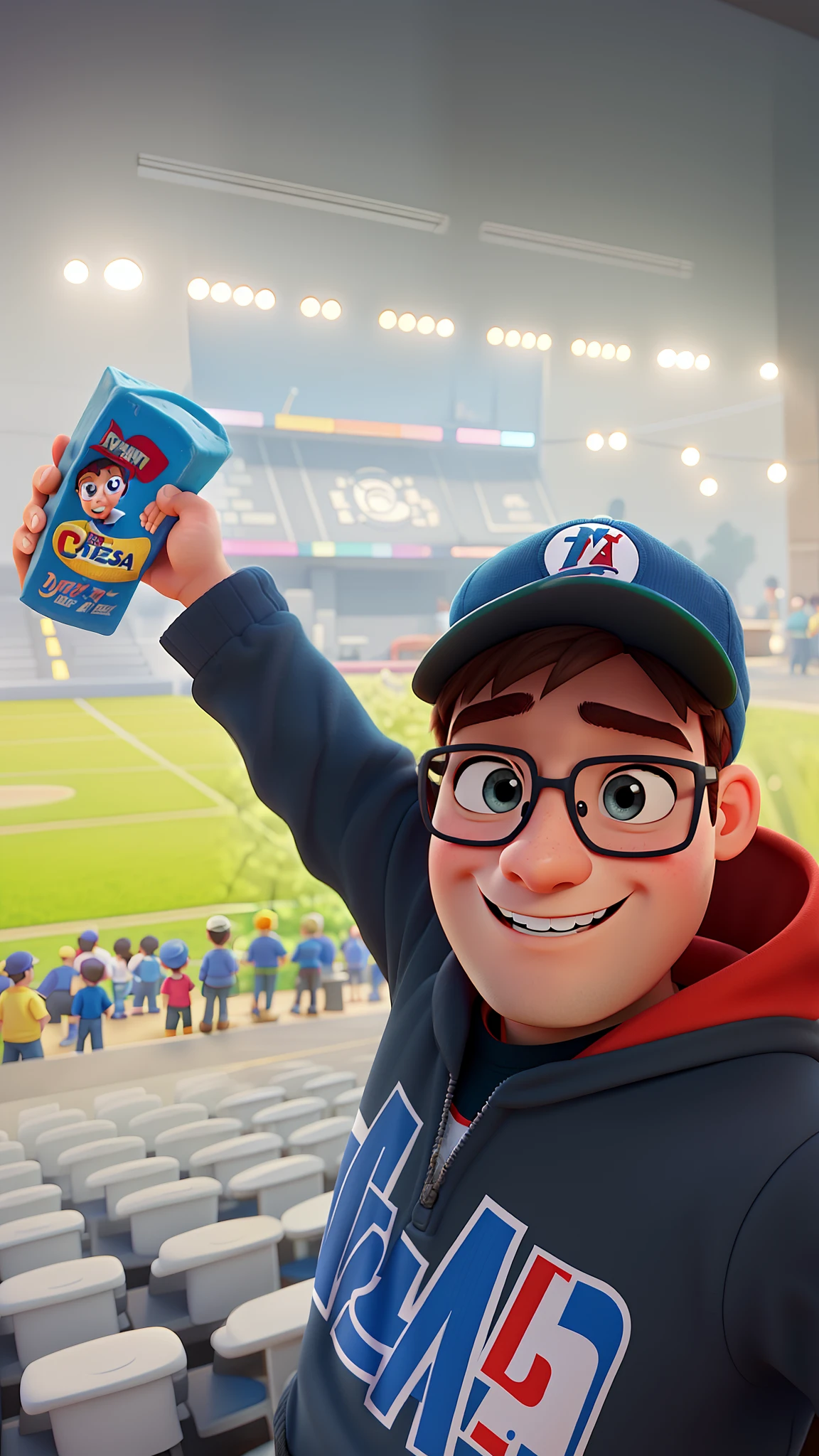 Create a Disney Pixar-style poster of a young nerd in a cap twisting square cheese