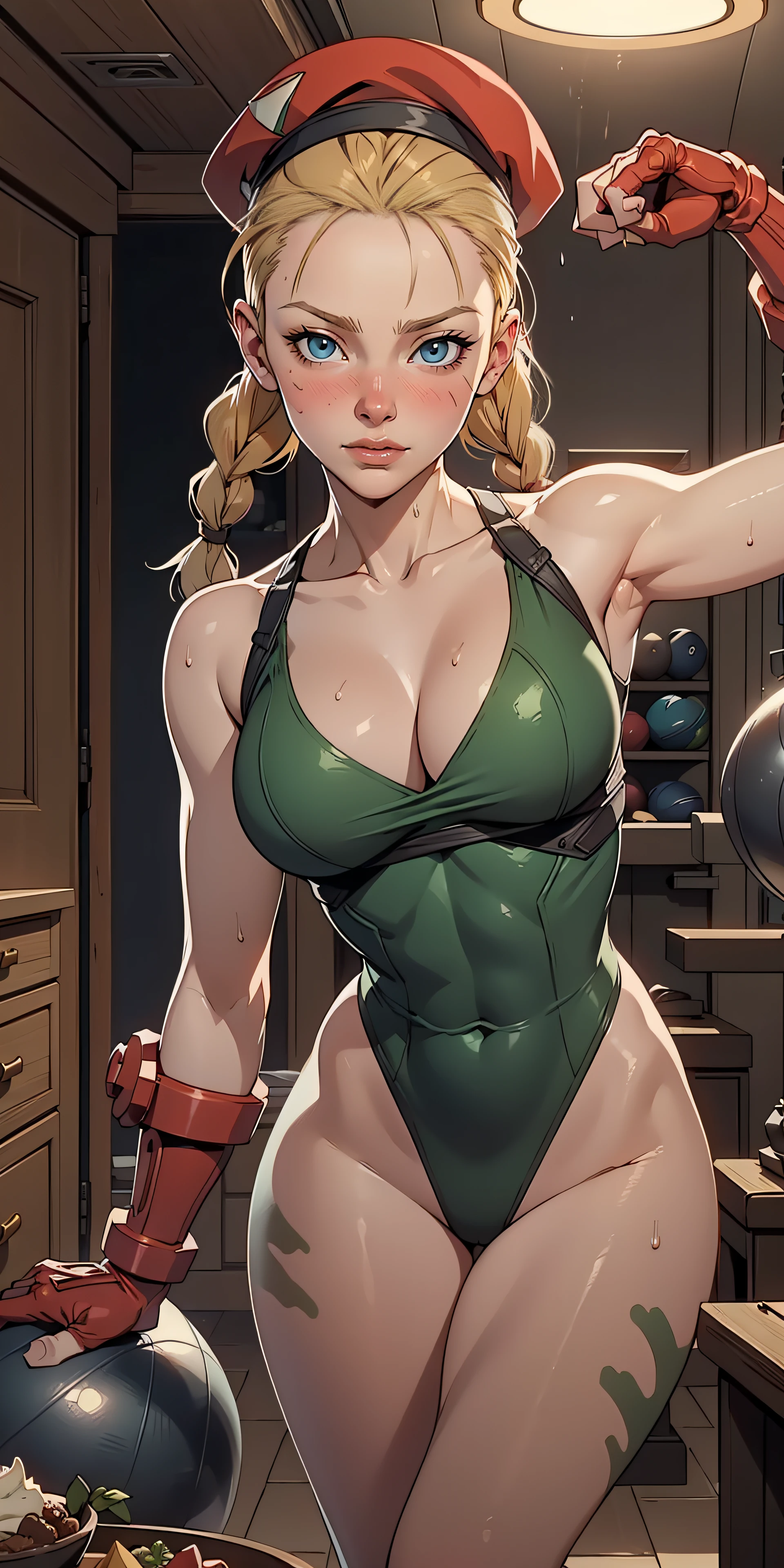 Hyper realistic super detailed sexy Cammy White , Very detailed, expressions faciales sexy, seductive facial expressions, [:(Face detail: 1.4): 0.4], 16K resolution, 4k resolution, dinamic lighting, High definition resolution, (hyper realistic: 1.4),(contrasting background: 1.5), (Anatomy of the hyperrealistic arm), (Hyperrealistic anatomy of the legs), (peau propre), (lighting cinematic: 1.7), (intime), (Technologie NVIDIA RTX Ray Tracing), (Anatomy of the hyperrealistic arm: 2), (Ventre plat parfait), (image couleur),  Cammy White  ,breasts, cleavage, blush, medium breasts, gym, exercising, big exercise ball, crunching on an exercise ball, diagonal view, bangs, looking at viewer, collarbone, solo focus, indoors, sweat, pov, no bra, Cammy White , twin braids, long hair, blonde hair, antenna hair, beret, (red headwear:1.3), blue eyes, scar on cheek, green leotard, large breasts, sleeveless, red gloves, fingerless gloves, camouflage,