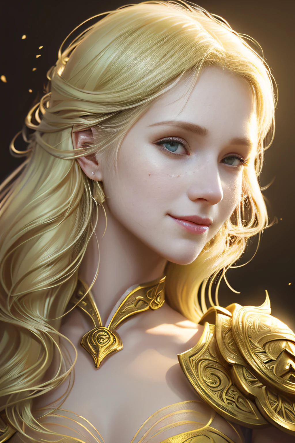 Close-up head, Facing Camera, Realistic digital painting portrait of female human, 3R1NM0R1ART72, Cute smile, (Wavy Hair:1.1), (Blonde hair:1.3), Magical Yellow Universe, White magic cloth armor with yellow carvings on intricate details, (Abstract, Background:1.2), (light Particle:1.1), (Very detailed skin:1.2), (Game Concept:1.3), (Elden Ring Style:1.3), (arcane style:0.8), (depth of fields:1.3), Global Illumination, Art by Juan Rapp, Fuji Hoko, Altgarm, Greg Rutkowski and Victoria Gavrilenko