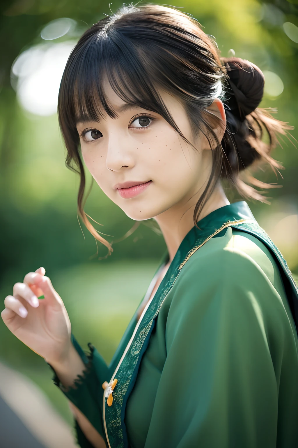 1girl,fullbody photo,japanese,25old year, black medium-length hair,green highlight hair,a little freckles,Traditional clothes,Super high-quality output images,hight resolution,Intricate details,Hair fluttering in a very delicate and beautiful wind,photos realistic,Dreamy,Professional Lighting,realistic shadow,Solo Focus,Beautiful hands,Beautiful fingers,Detailed finger features,detailed clothes features,Detailed hair features,detailed facial features,