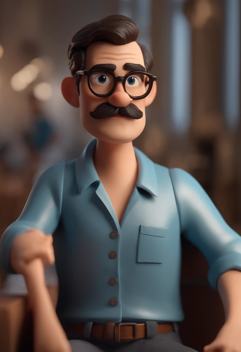 Cartoon character of a man wearing black glasses and a blue shirt, um personagem animado, Caractere estilizado, animation style rendering, 3D estilizado, Arnold Maya render, 3 d render stylized, toon render keyshot, Personagem 3D, Personagem 3D, 3d rendering stylized, 3 d character render, personagem de desenho animado, Personagem de close up, Pose de personagem, (Estilo Pixar) (master part:1.2) (Bokeh) (best quality) (pele detalhada) (textura detalhada) (8k) (argila) (Cinematic lighting) (foco nítido，Sits and empties upper body in an ENT doctor's office with a beard and mustache