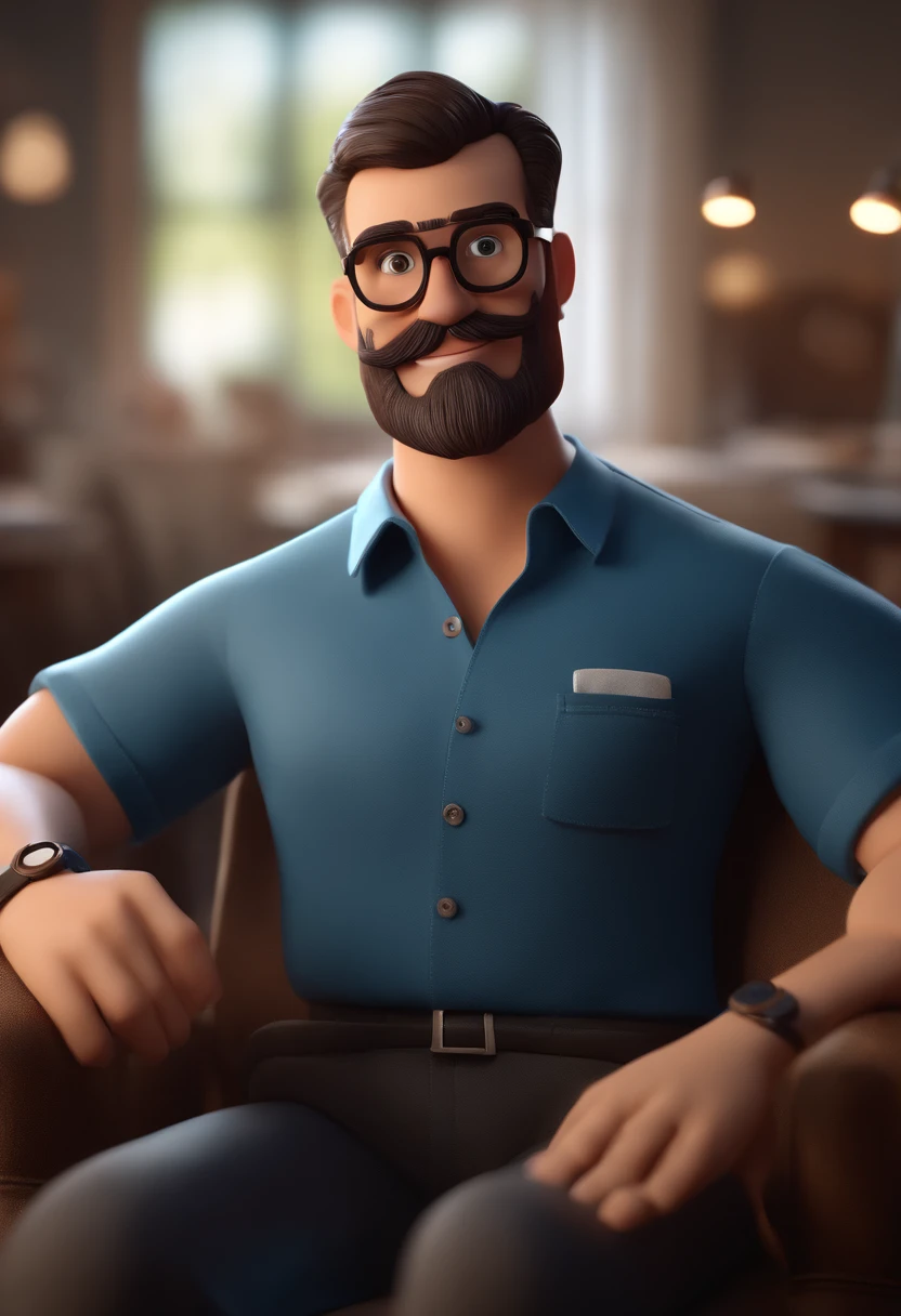 Cartoon character of a man wearing black glasses and a blue shirt, um personagem animado, Caractere estilizado, animation style rendering, 3D estilizado, Arnold Maya render, 3 d render stylized, toon render keyshot, Personagem 3D, Personagem 3D, 3d rendering stylized, 3 d character render, personagem de desenho animado, Personagem de close up, Pose de personagem, (Estilo Pixar) (master part:1.2) (Bokeh) (best quality) (pele detalhada) (textura detalhada) (8k) (argila) (Cinematic lighting) (foco nítido,Sits and empties upper body in an ENT doctor's office with a beard and mustache