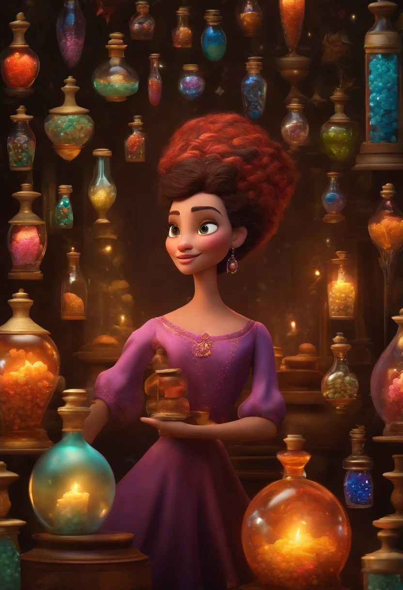 A collector of ideas inspired by Pixar animation, de perto. She is surrounded by a collection of magic vials, each containing a unique idea. The focus is on the character, with a captivating facial expression, Against a backdrop of shimmering, cores efervescentes.