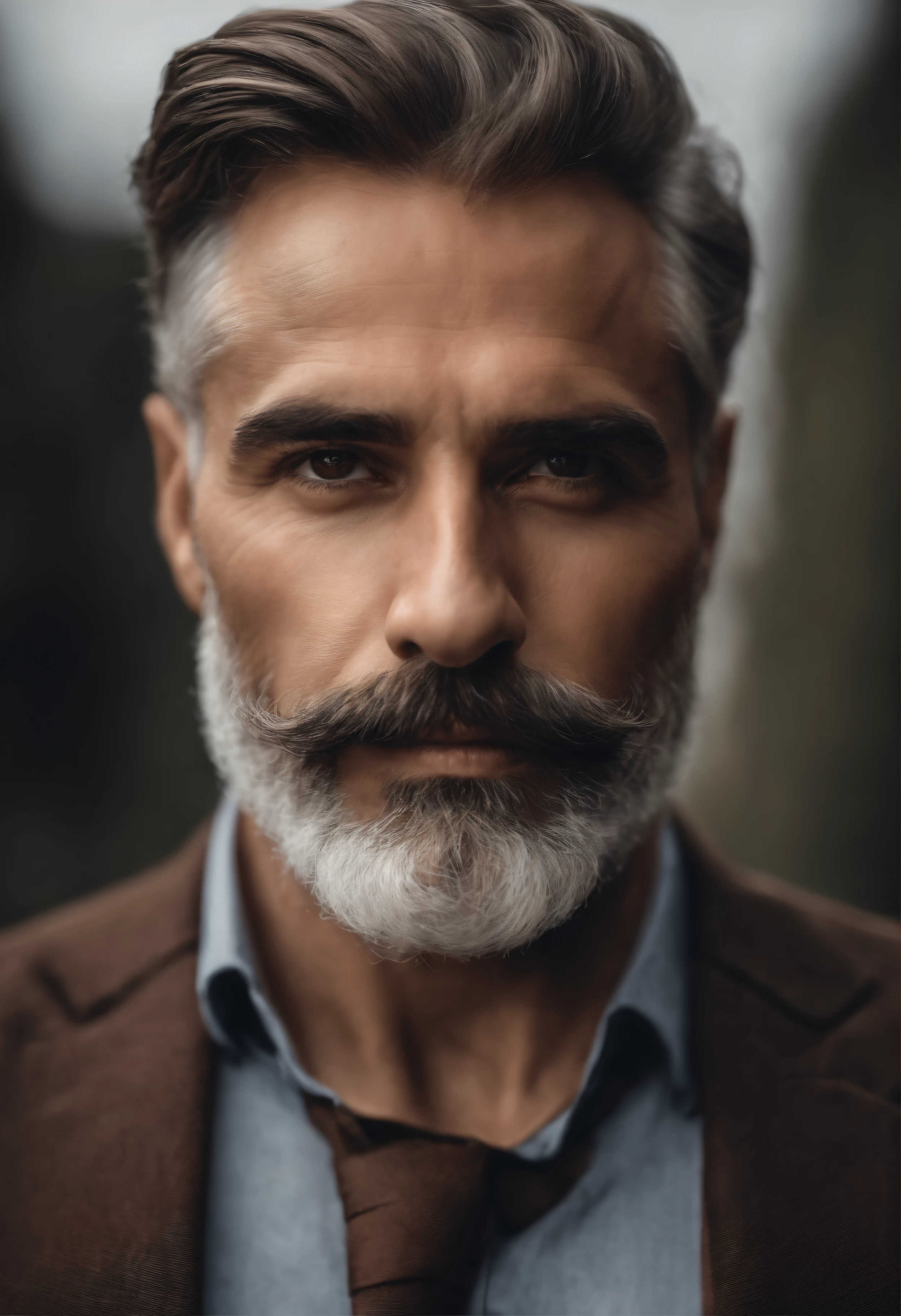 Hombre con barba y bigote en camisa negra, La mejor calidad,4k,8k,Hombre muy atractivo con barba, Vello facial bien cuidado, Lindo, impresionante, Realstic, Imagen ultrarrealista, Bigote natural, Hombre viejo,Retrato suave disparado 8K, Retrato muy detallado, Bigote grueso, Estilo hiperrealista, Barba fina, vello facial corto, Bartstoppeln, Lindo, Cara detallada, Retrato ultra realista, cana,Traje elegante, boca abierta,