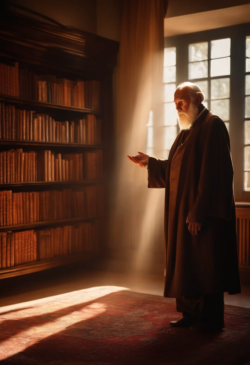 A wise old man standing in front, illuminated by the light of a lamp, against the backdrop of a library