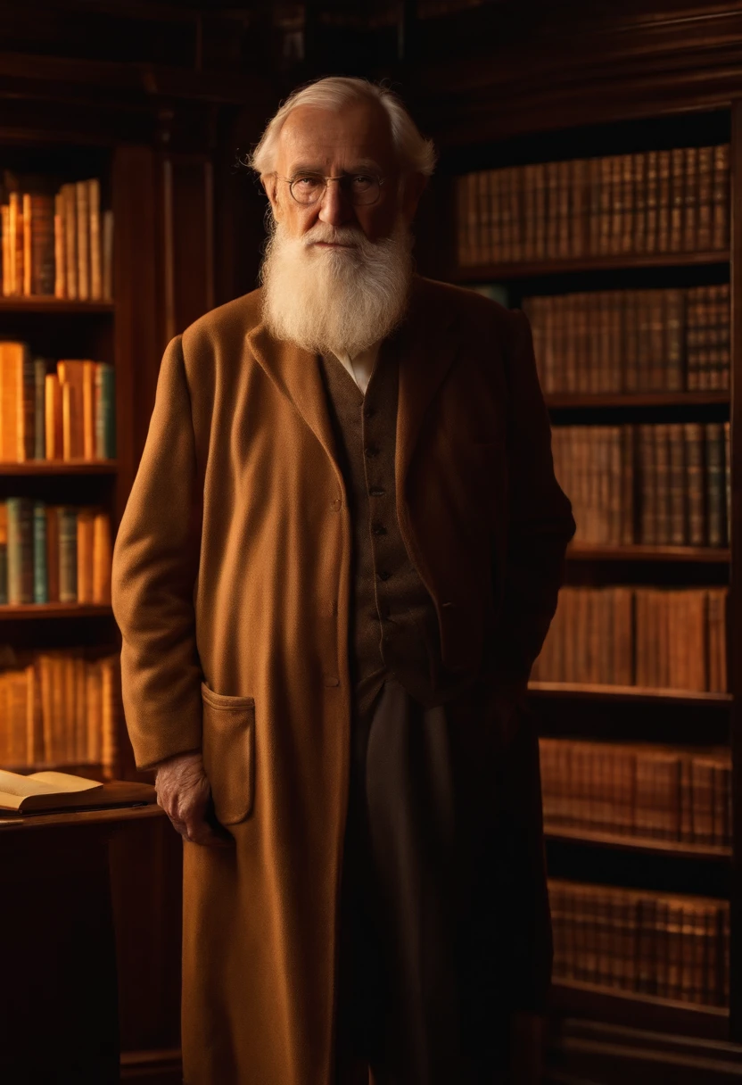 A wise old man standing in front, illuminated by the light of a lamp, against the backdrop of a library