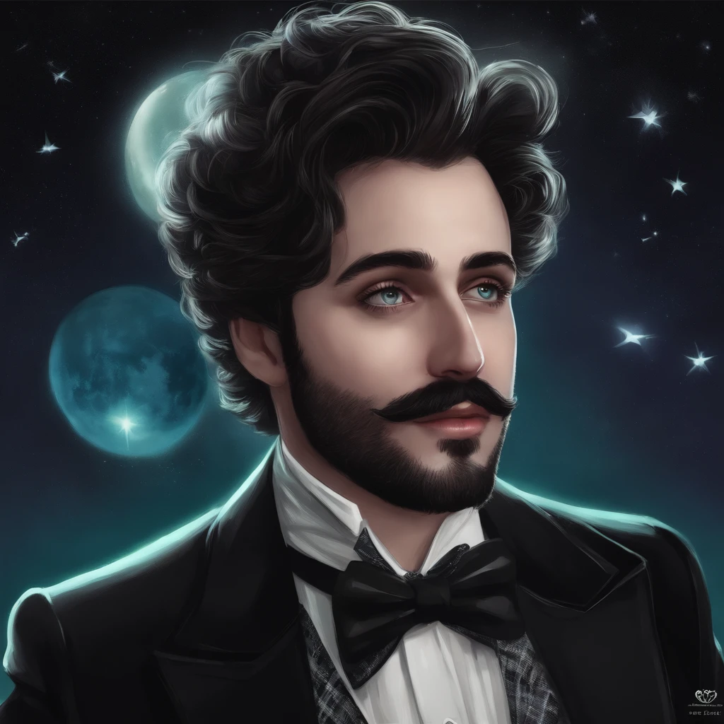 Filha, Suco de besouro, anime, Manga style, Alex Brightman estrelando como Beetlejuice,1st grade, aurora, barba, black bow, gravata borboleta preta, arco, bowtie, facial hair, formal, olhos verdes, cabelos verdes, Foco masculino, mustache, Noite, night sky, Realistic, Estrela cadente, heaven, sozinho, space, brilho, estrela (heaven), Starry sky, naipe, smoking, WLOP, Guweiz, Filha