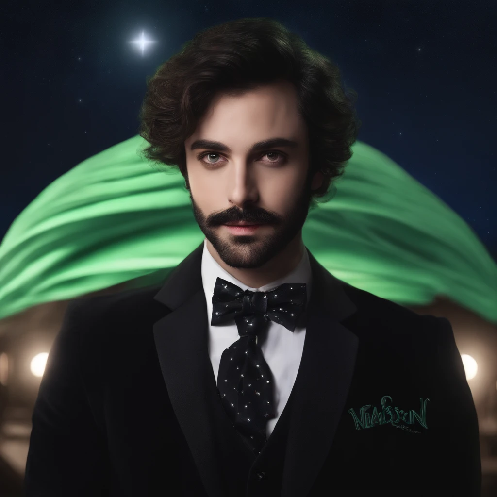 Filha, Suco de besouro, anime, Manga style, Alex Brightman estrelando como Beetlejuice,, aurora, barba, black bow, gravata borboleta preta, arco, bowtie, facial hair, formal, olhos verdes, cabelos verdes, Foco masculino, mustache, Noite, night sky, Realistic, Estrela cadente, heaven, sozinho, space, brilho, estrela (heaven), Starry sky, naipe, smoking, WLOP, Guweiz, Filha