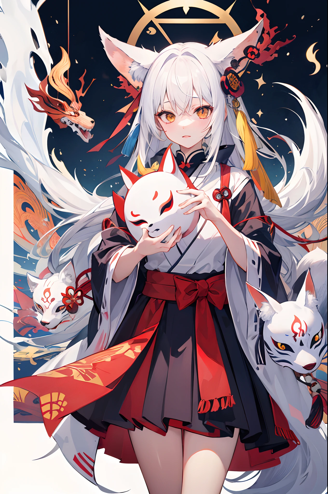 (masutepiece, of the highest quality, Best Quality, official arts, Beautiful and aesthetic:1.2), (1girl in:1.3), (s fractal art:1.3),bill、Ghost fire、mononoke、Hakama、youkai、Daoism、Yin Yang Dao、astrology、curse、White Fox Mask、Okame's Mask、Hannya's Mask、occult、metaplasia、the Nine-Tailed Fox、amulet、bill、Sealed bills、Pentagram