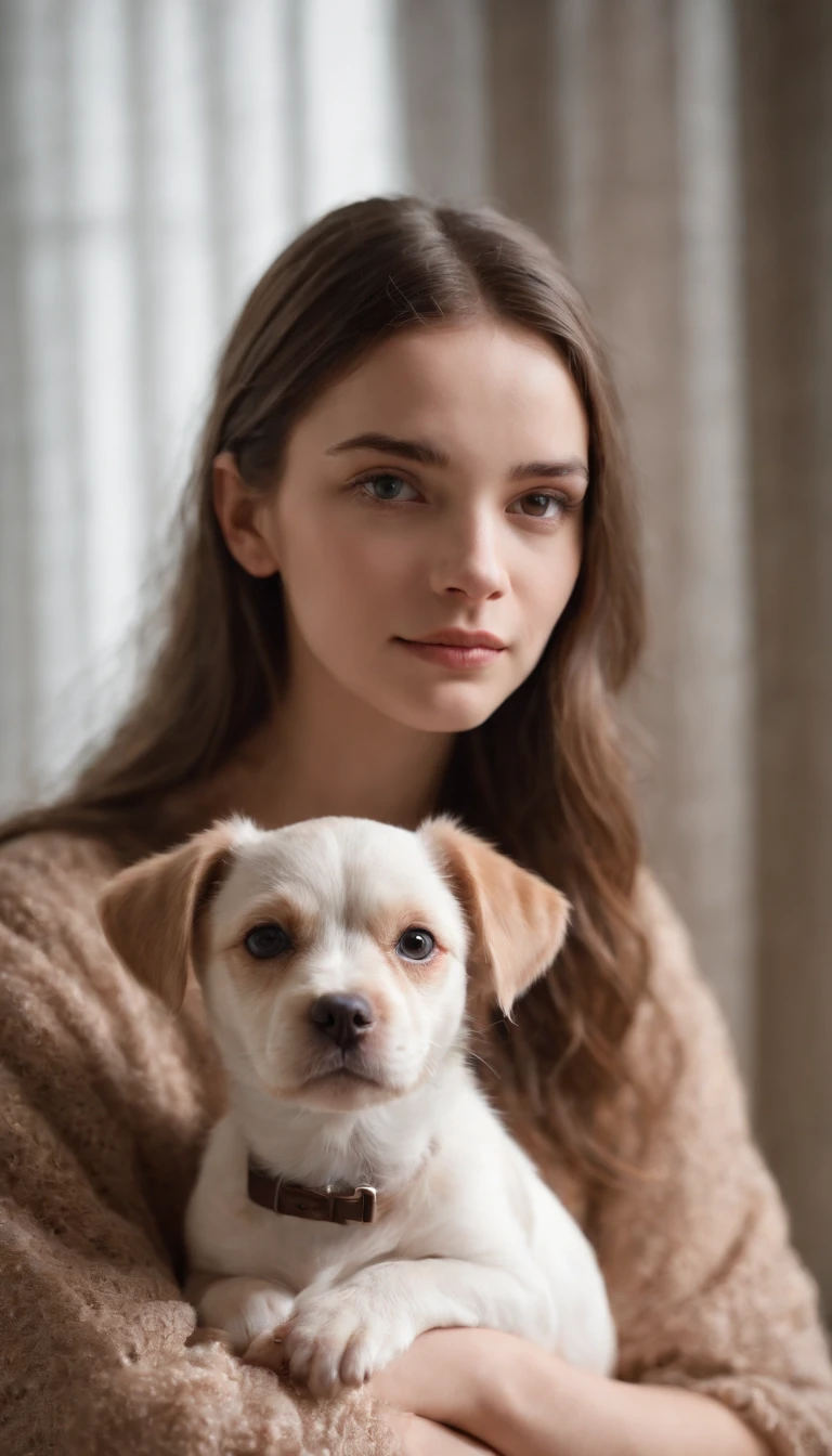 uma menina e seu cachorro na sala de estar, noite de inverno aconchegante, Divirta-se, fotografia muito realista, detailed facial expressions, olhos realistas, no watermark, canon photography, 50 millimeters