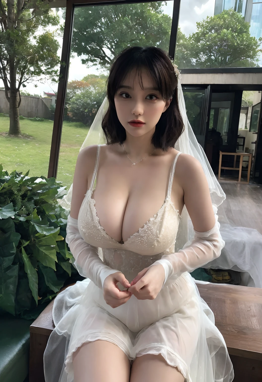 huge tit，Sheer tulle sheer wedding dress。