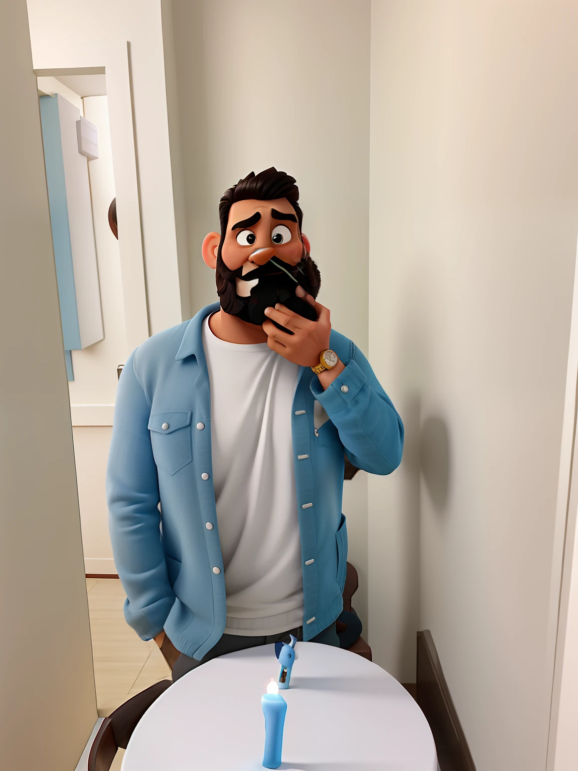 Poster no estilo Disney pixar, alta qualidade, melhor qualidade, homem sexy branco, 30 anos cabelo grisalho barba preta, musculoso, com fundo em um restaurante a luz de velas