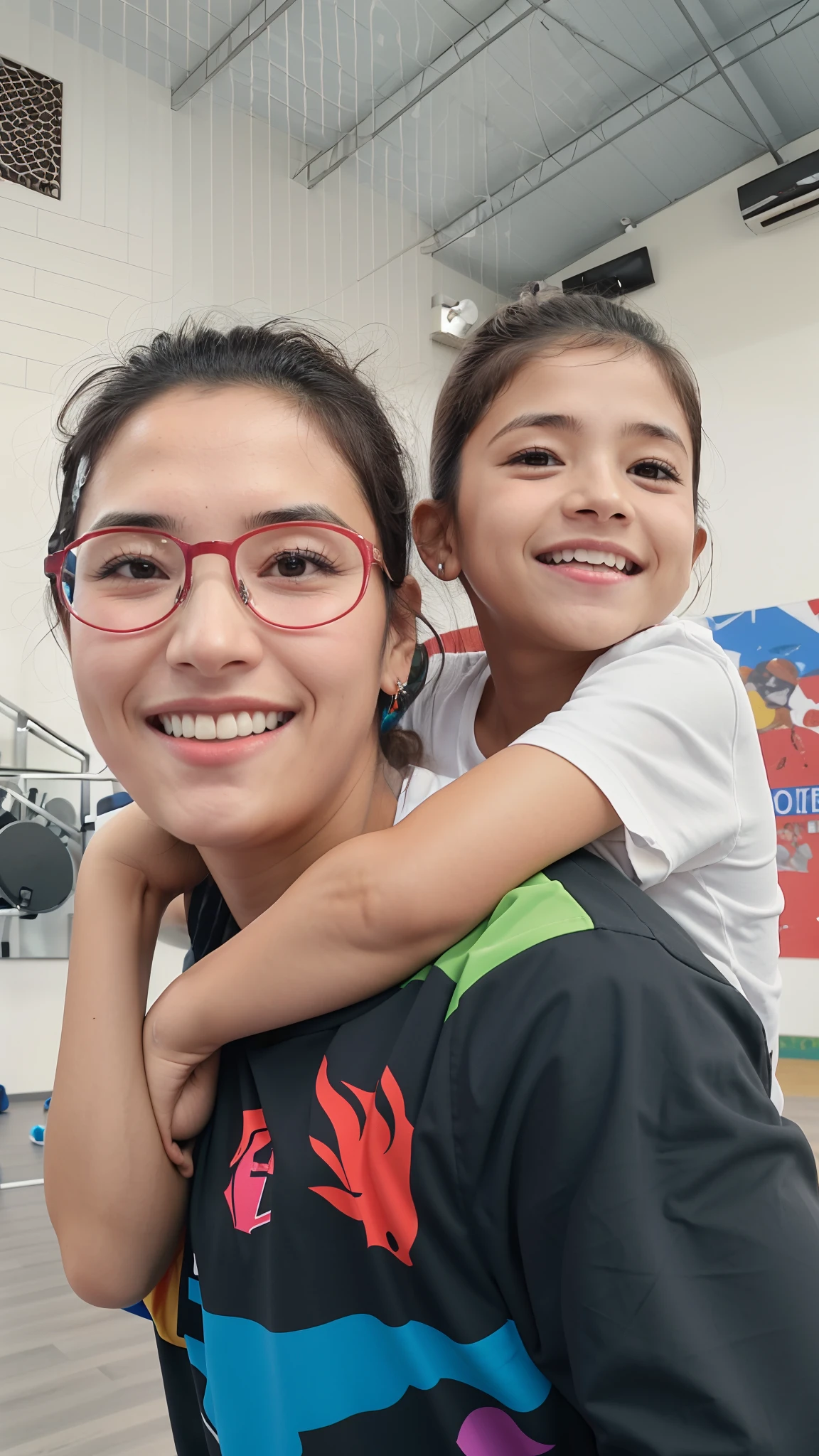 Smiling woman and boy with glasses on shoulders in a gym, 3 5 year brazilian mother, Malika Favre, with a kid, andrea rocha, Mulher de 30 anos de Cuba, divertindo-se, caio santos, Postagem 4k, 4 k post, Caroline Gariba, imagem de perfil, Directed by: Nandor Soldier