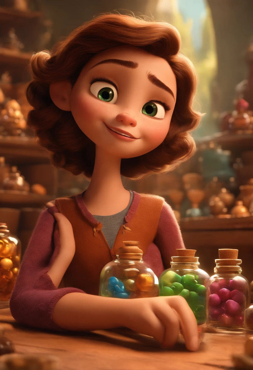 Um gatinha branca com manchas pretas e marrom na janela; Pixar animation, de perto. She is surrounded by a collection of magic vials, each containing a unique idea. The focus is on the character, with a captivating facial expression, Against a backdrop of shimmering, cores efervescentes.