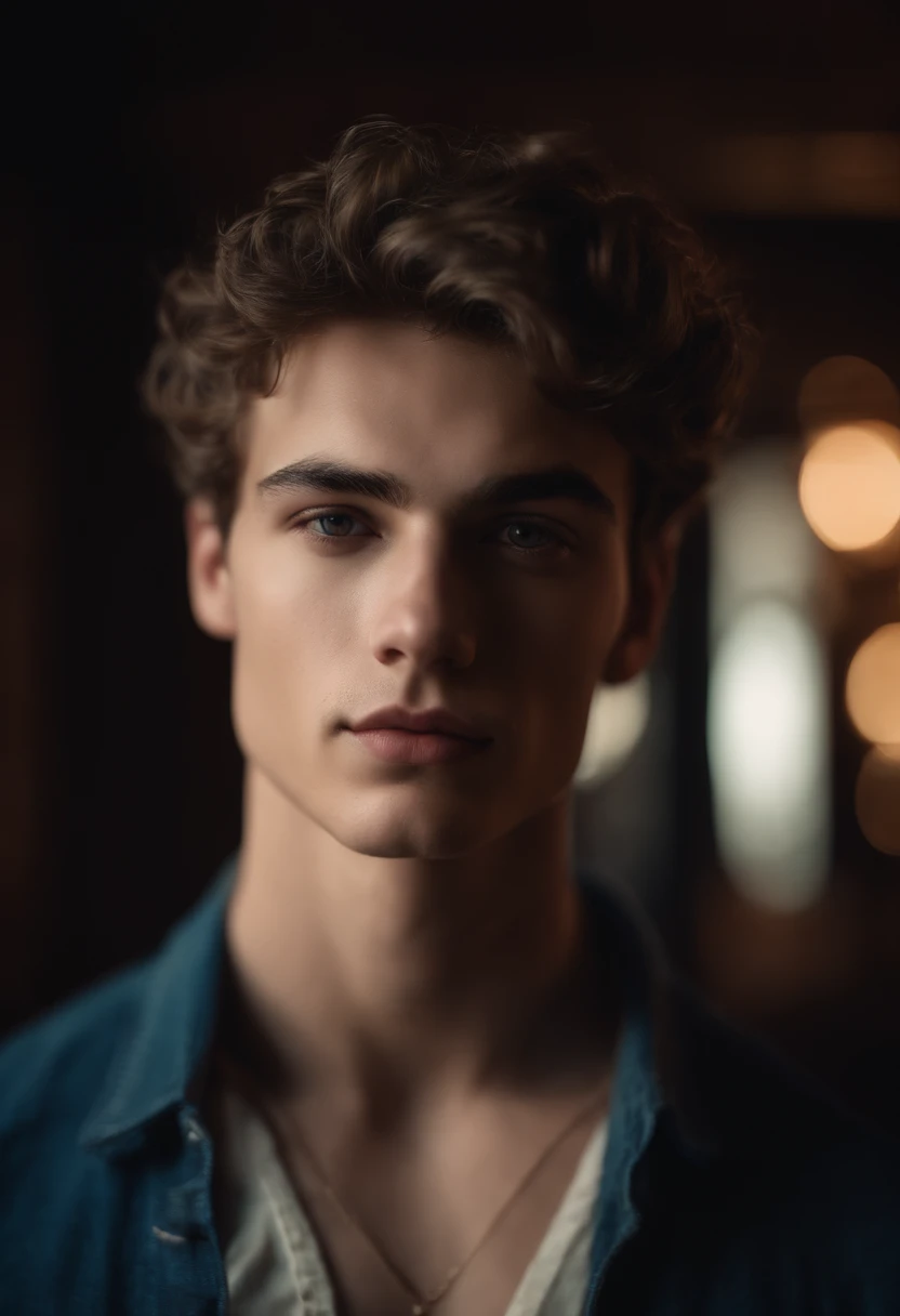 Portrait of a handsome male model in the club, 18 ans, Barechest, sans barbe, with short wavy hair, yeux bleus, thick lips