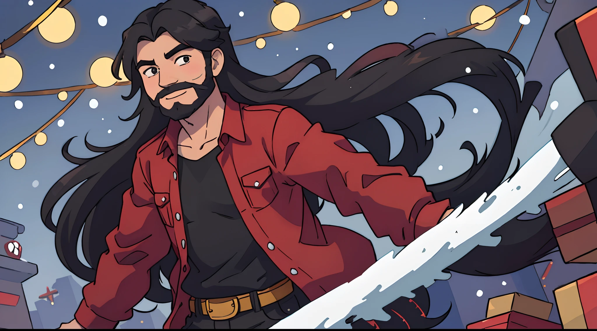 solo Man with long black flowing hair and a short black beard smiling. wearing a red plaid shirt. christmas, happy, winter