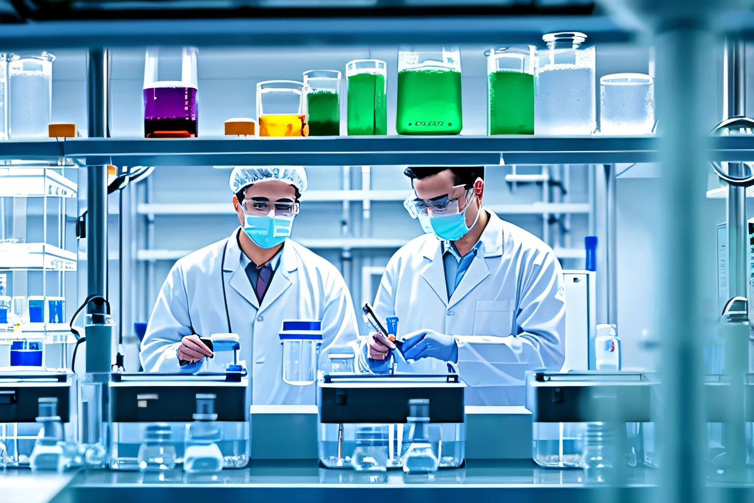 Two men in lab coats are doing experiments in the lab, medical lab, medical lab, in a lab, medical research facility, indoor lab scene, In a laboratory, in laboratory, in the background, handling laboratory equipment, Laboratory, Scientists, laboratory in the background, organism, clean medical environment, scientific research, In research institutes, high-quality picture