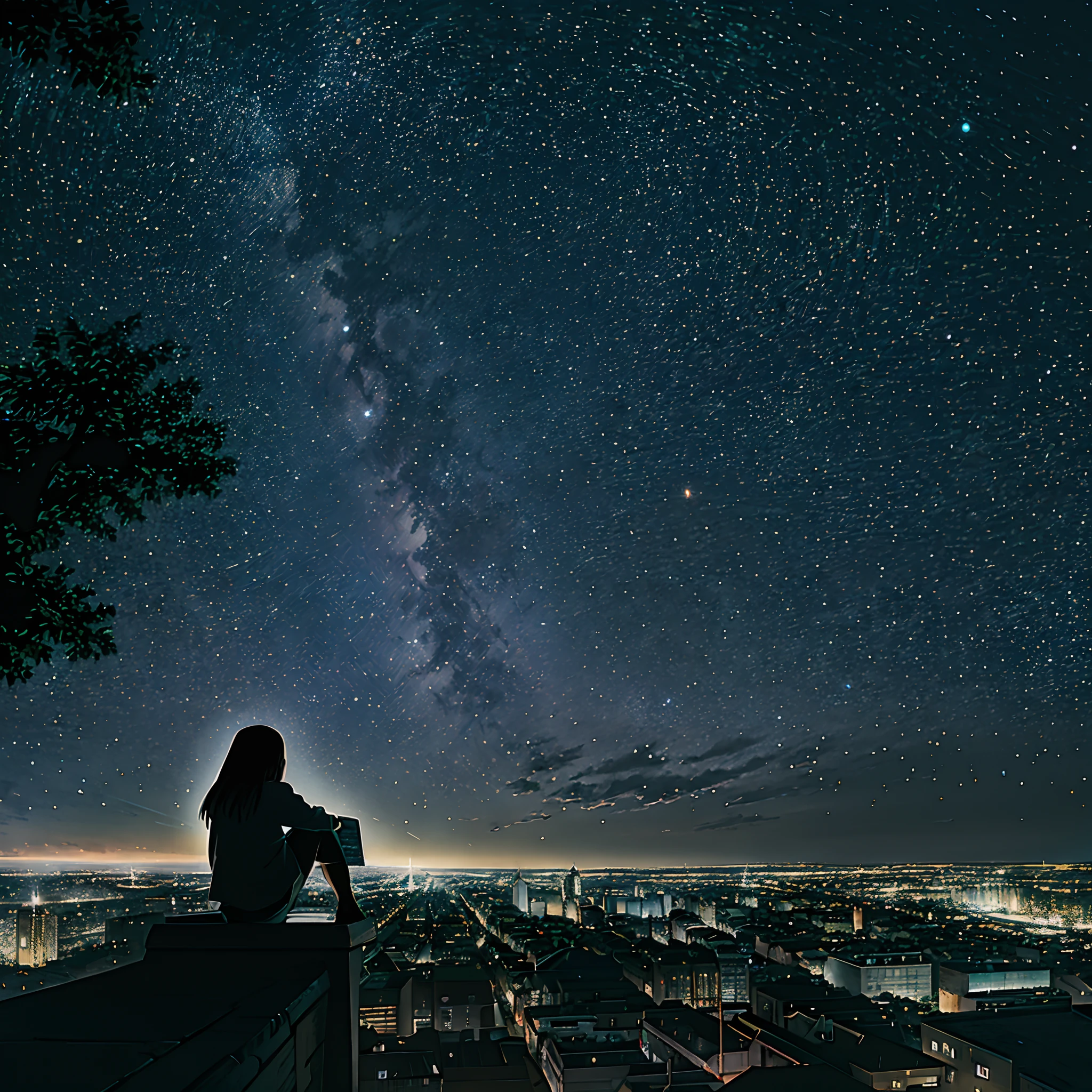 octane, sky, star (sky), landscape, starry sky, night, only child, night sky, solo, outdoor, signature, building, clouds, milky way, sitting, tree, long hair, city, silhouette, cityscape