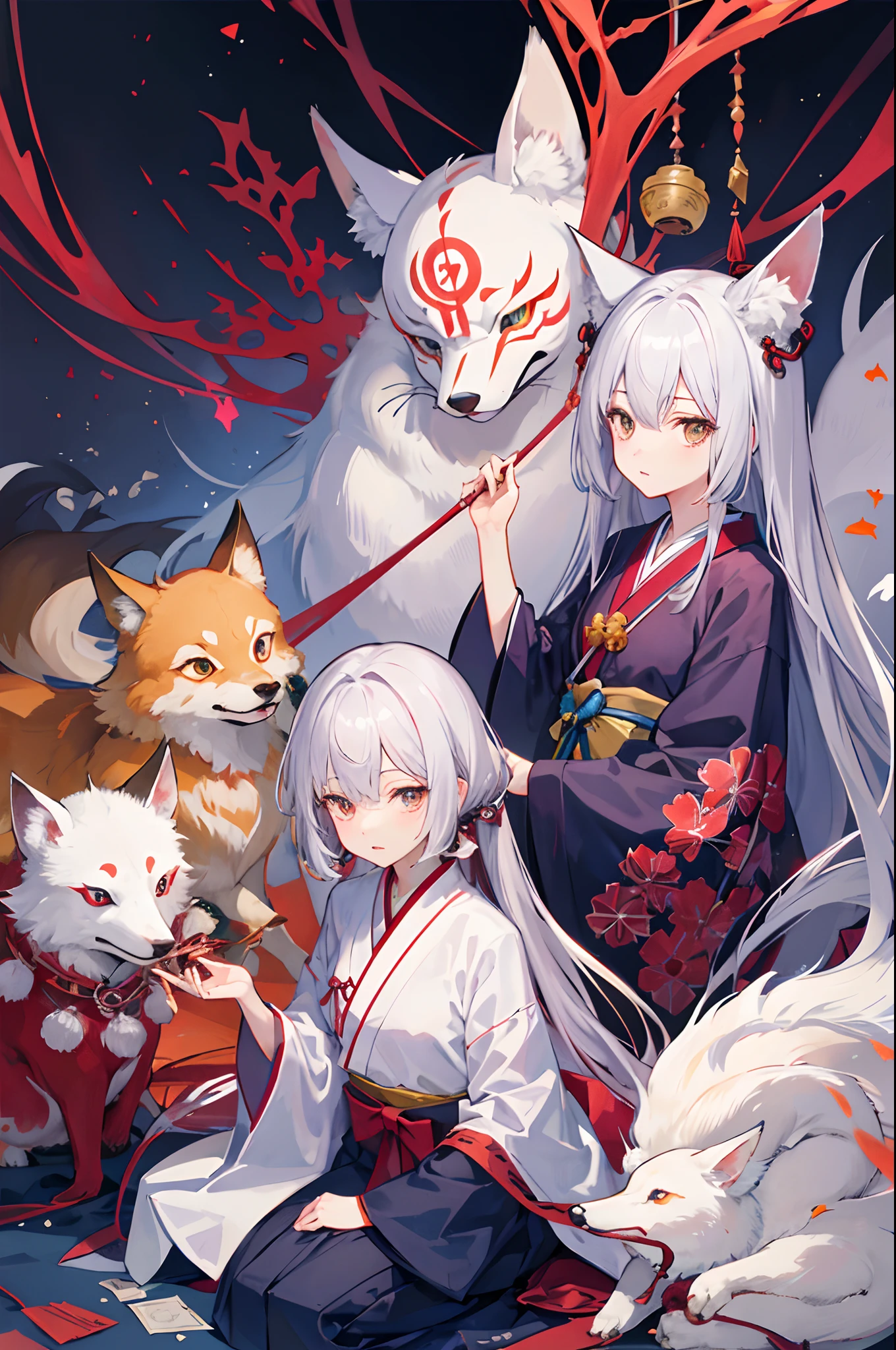 (masutepiece, of the highest quality, Best Quality, official arts, Beautiful and aesthetic:1.2), (1girl in:1.3), (s fractal art:1.3),bill、Ghost fire、mononoke、Hakama、youkai、Daoism、Yin Yang Dao、astrology、curse、White Fox Mask、Okame's Mask、Hannya's Mask、occult、metaplasia、the Nine-Tailed Fox、amulet、bill、Sealed bills、Pentagram