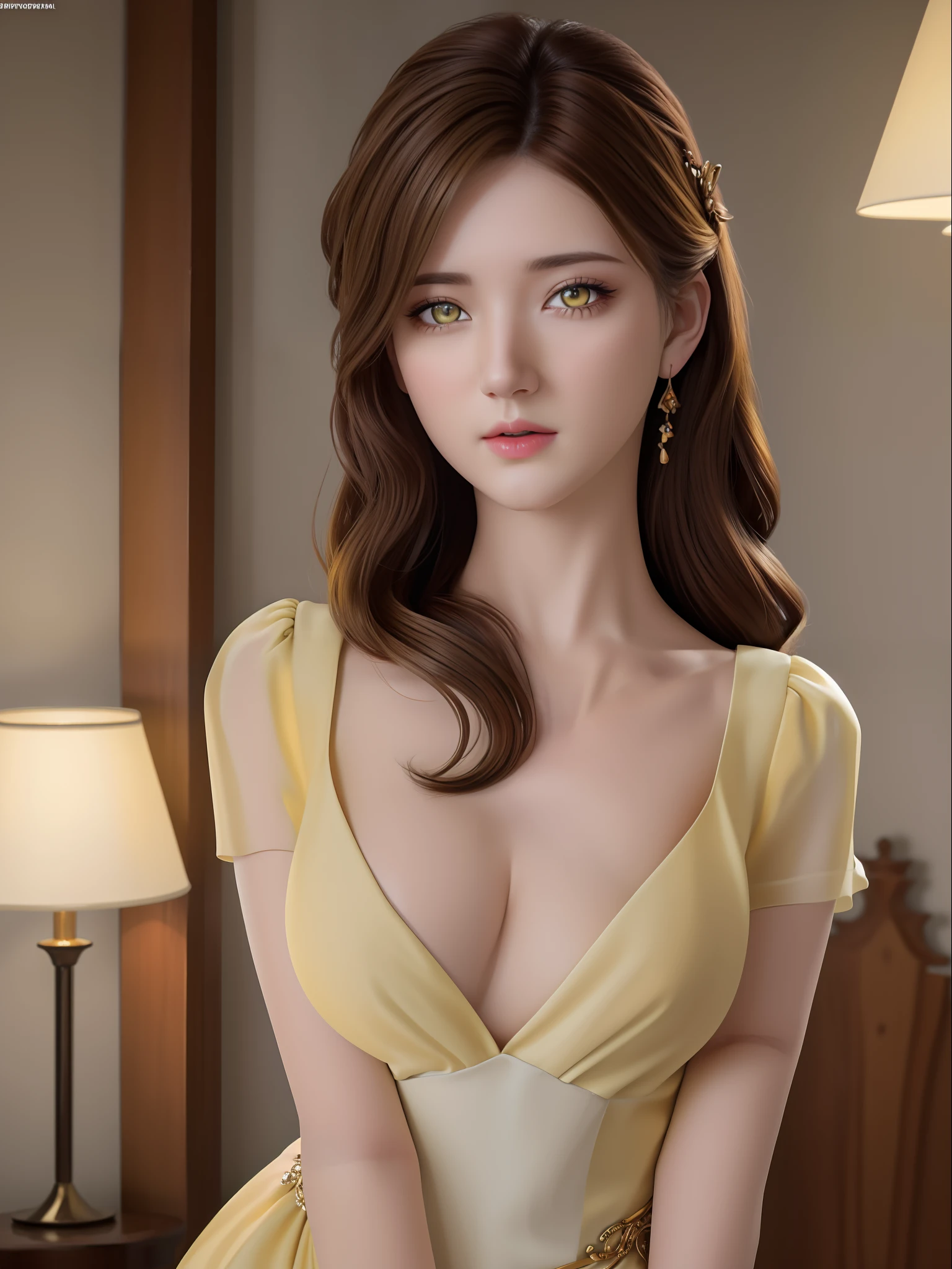 (hyperrealistic), (illustration), (high resolution), (8K), (extremely detailed), (best illustration), (beautiful detailed eyes), (best quality), (ultra-detailed), (masterpiece), (wallpaper), (photorealistic), (natural light), (rim lighting), (detailed face), (high detailed realistic skin texture), (anatomically correct), (solo), (1 girl), (high detailed realistic hair), (caramel hair:1.35), (heterochromic eyes), (detailed eyes), (light yellow eyes:1.37), (sparkling eyes), (realistic big breasts:1.5), (exposed nipples breasts:1.35), (long legs), (slender abs), (dynamic pose), (closed tiny mouth:1.3), nsfw, concentrated expression, topless.