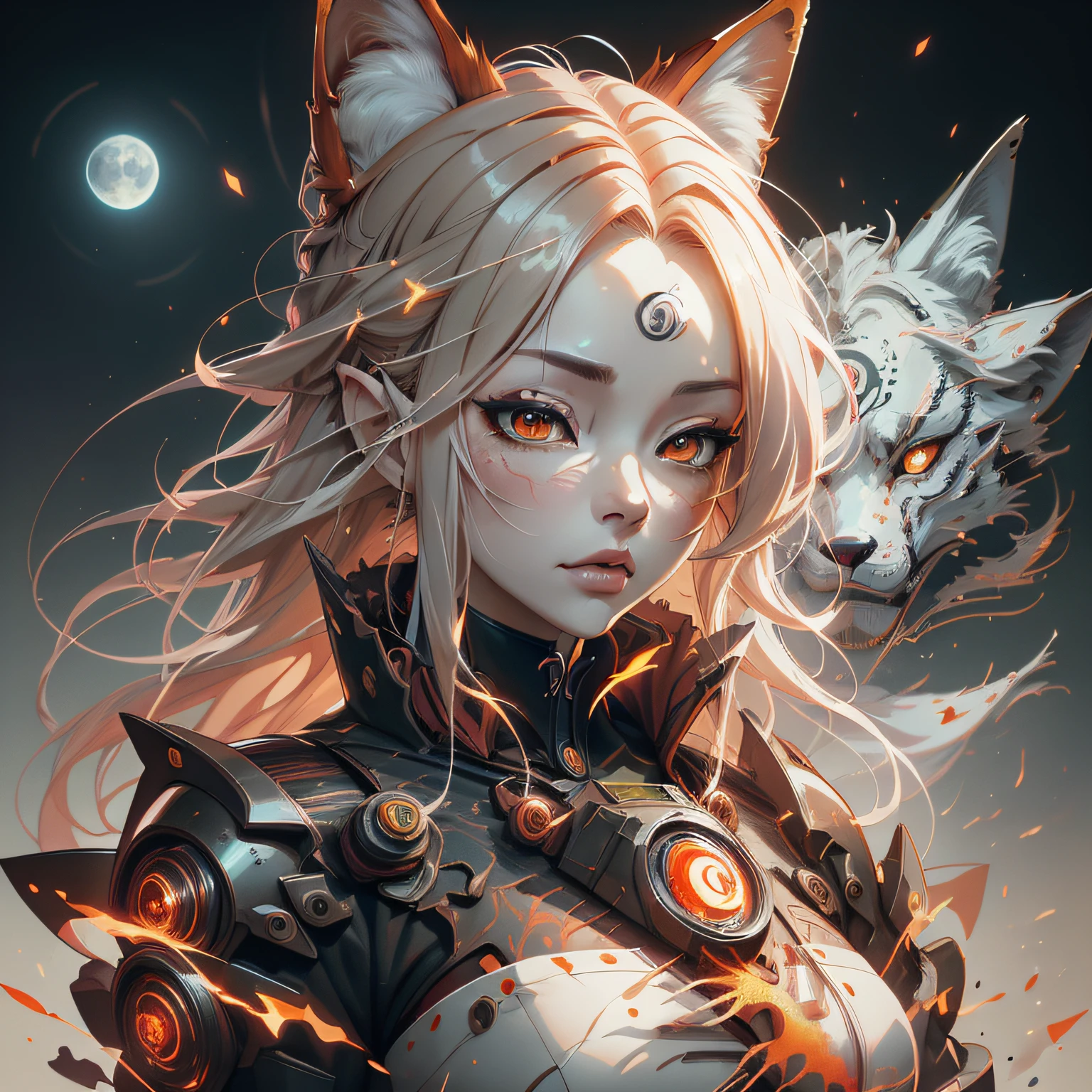 professional portrait of a firey fox, rinegan eye jiraya naruto, abstract beauty, approaching perfection, delicate face, dynamic, moonlight, highly detailed, digital painting, artstation, concept art, smooth, sharp focus, illustration, art by Carne Griffiths and Wadim Kashin