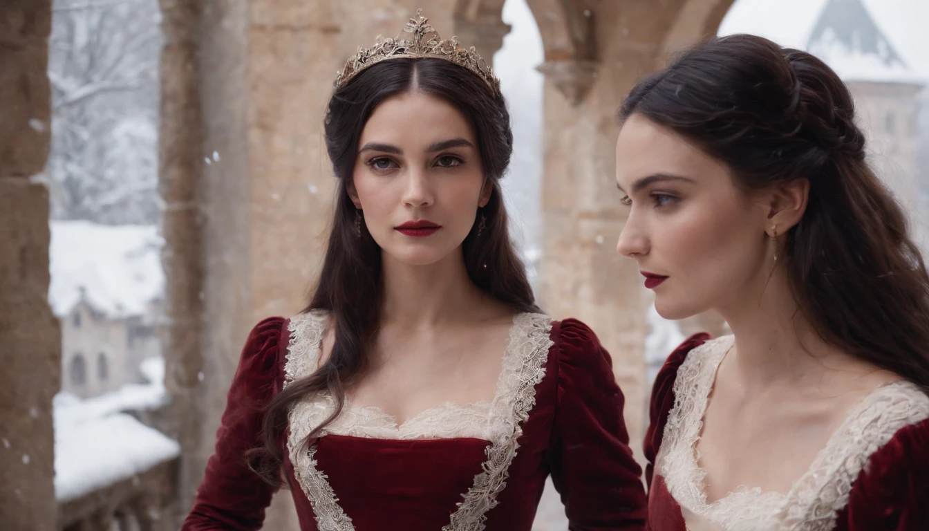 beautiful young noble woman with long black hair and brown eyes wearing a crimson gown with ivory lace gloves standing in the shadows of a snowy castle balcony, medieval Hungary, midnight, snow storm, eerie, scary, mysterious, suspense, cinematic, 8k, cinematic scene from film,