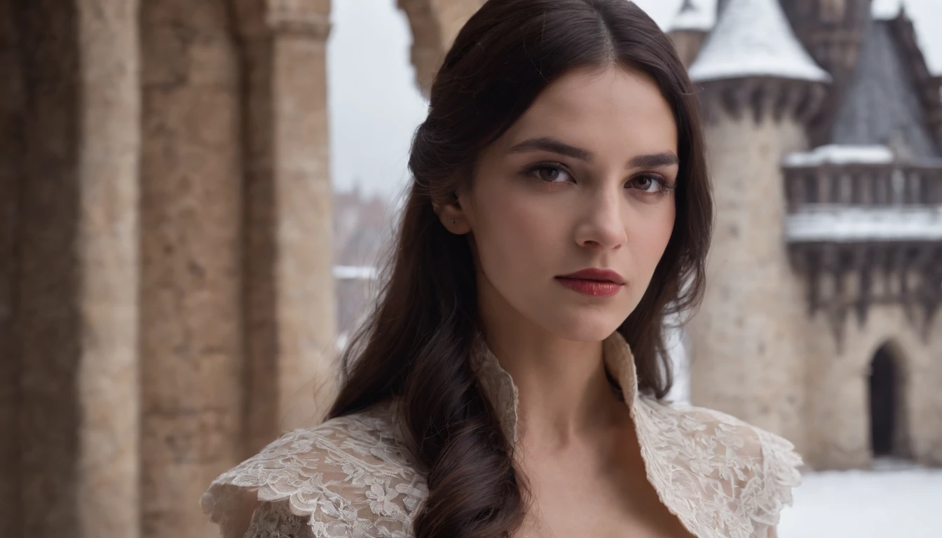 beautiful young noble woman with long black hair and brown eyes wearing a crimson gown with ivory lace gloves standing in the shadows of a snowy castle balcony, medieval Hungary, midnight, snow storm, eerie, scary, mysterious, suspense, cinematic, 8k, cinematic scene from film,