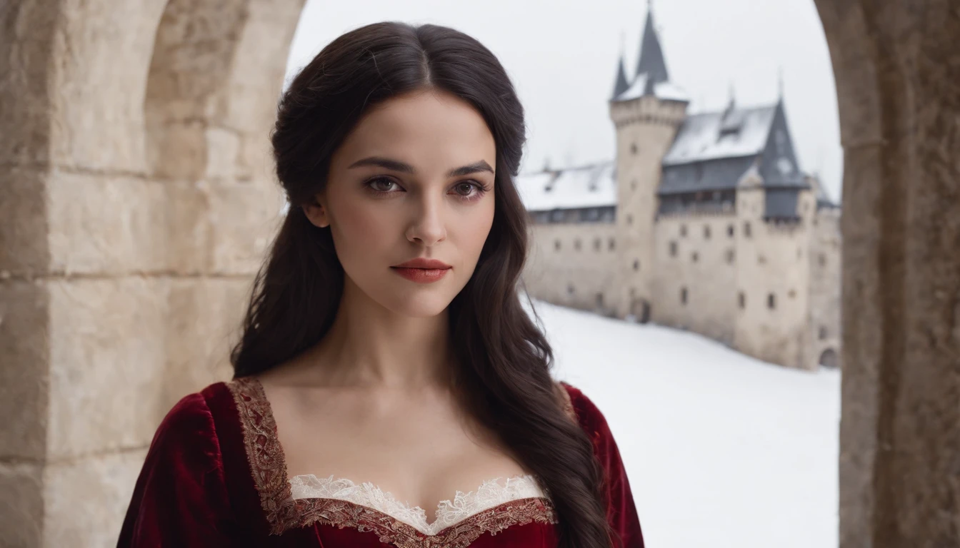 beautiful young noble woman with long black hair and brown eyes wearing a crimson gown with ivory lace gloves standing in the shadows of a snowy castle balcony, medieval Hungary, midnight, snow storm, eerie, scary, mysterious, suspense, cinematic, 8k, cinematic scene from film,
