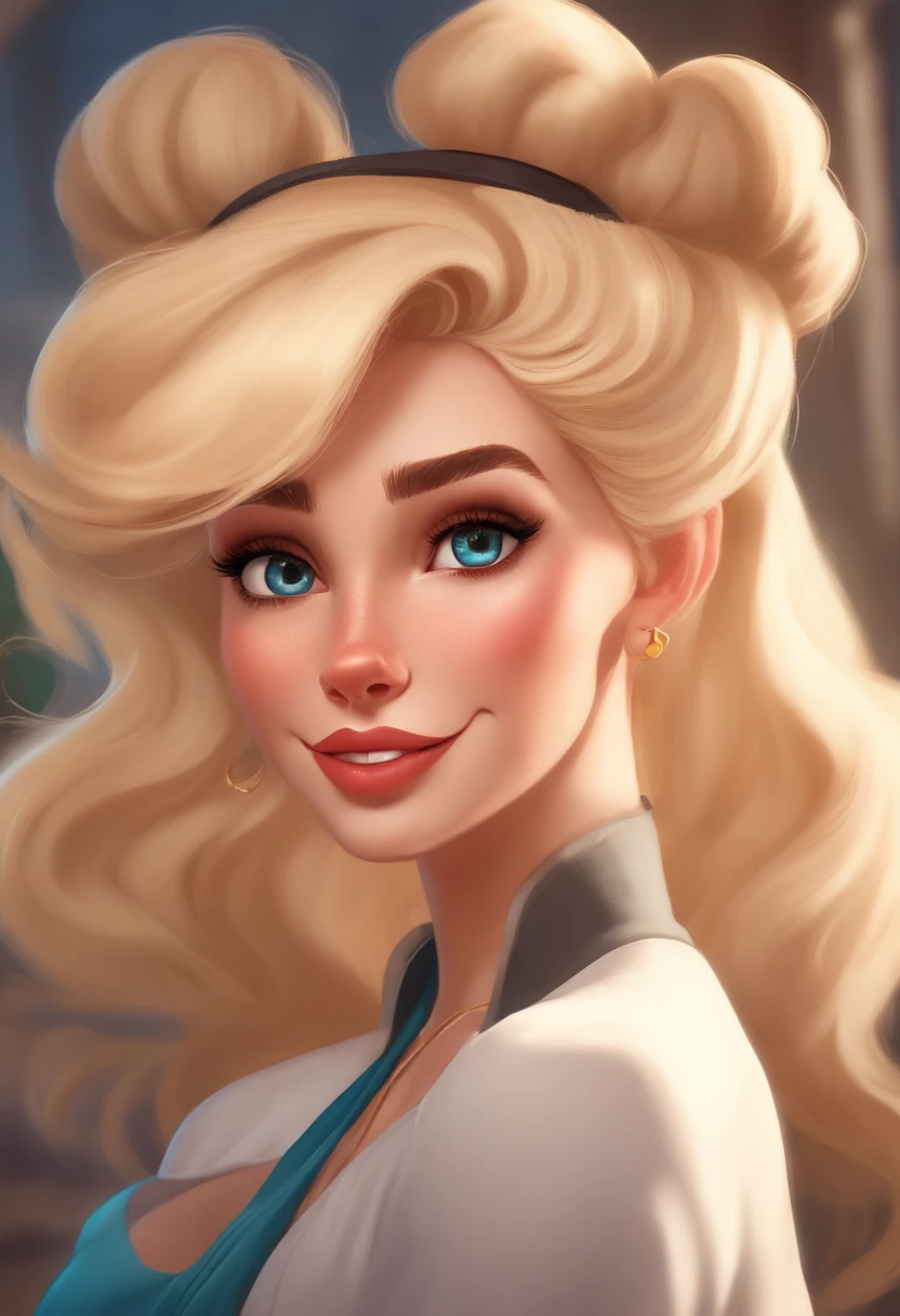 Make a Disney animation-style image of a blond character with big hair in a bun, roupa social, 22 to 25 year old appearance, With technological things in your hands and all over your body, Kind of like a tech superhero