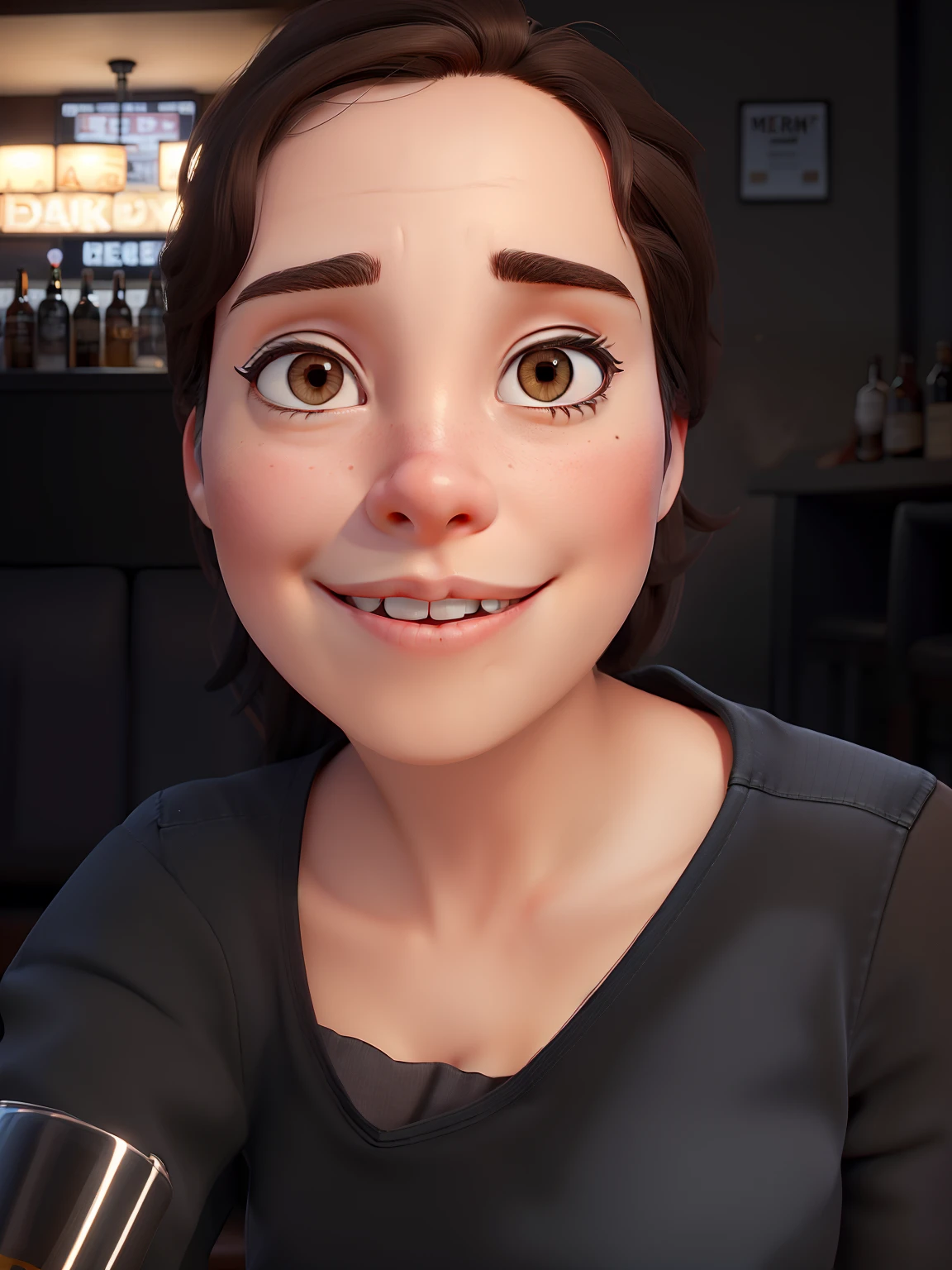 Young white woman, medium dark brown hair, brown eyes wearing jeans and black blouse drinking beer in a New York bar