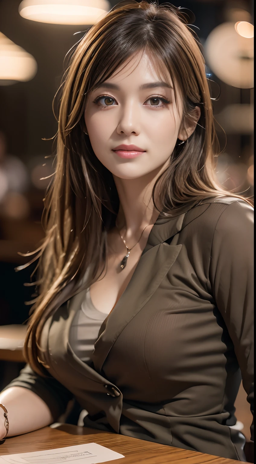 Masterpiece, Best quality, Photorealistic, Ultra-detailed, finedetail, high resolution, 8K wallpaper, 1 beautiful woman, Wear casual business attire, In excellent restaurant, At night, Light brown messy hair, Perfect dynamic composition, Beautiful detailed eyes