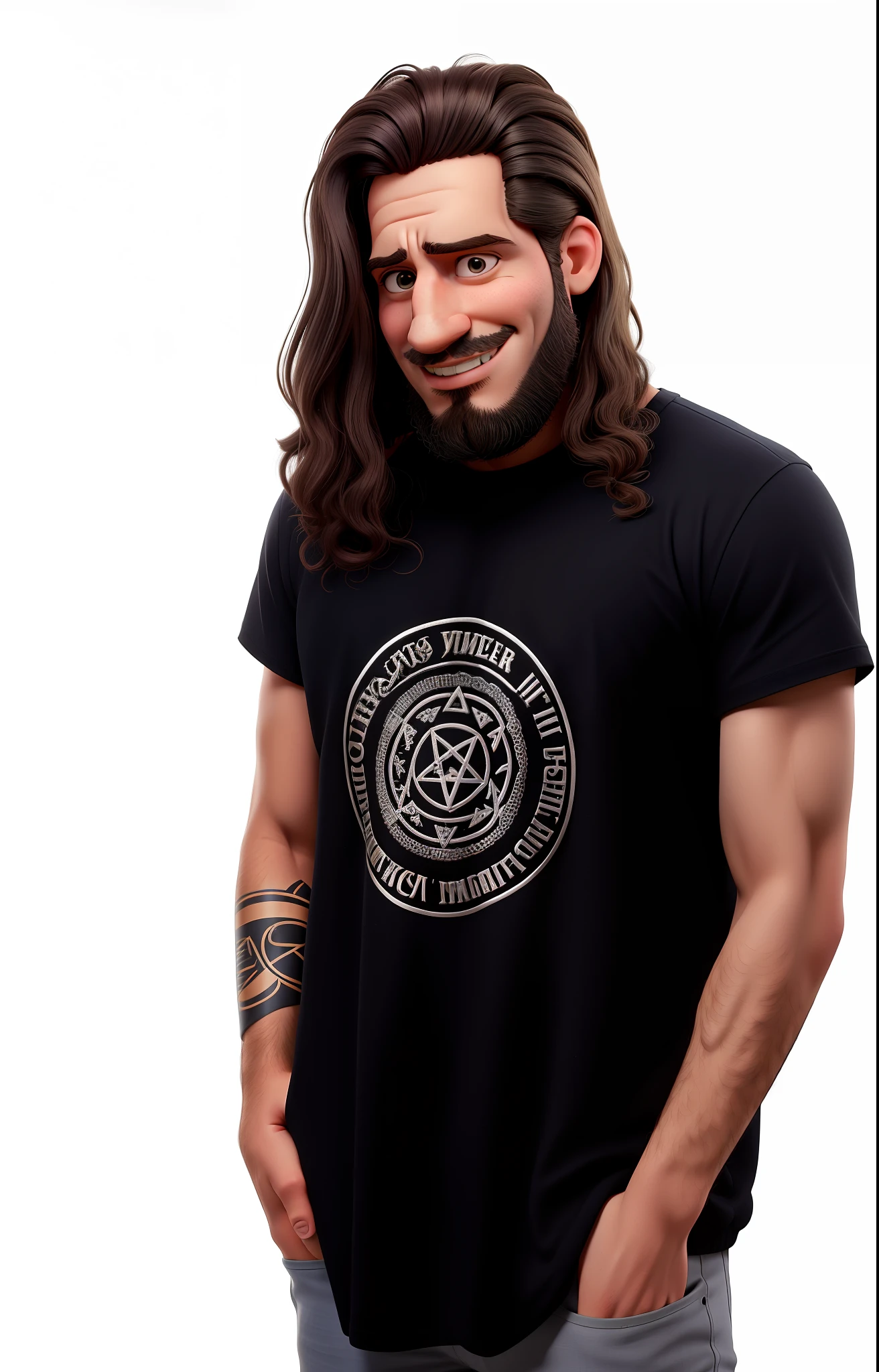 Homem 27 anos, de cabelos longos e barba sorrindo e vestindo uma camisa preta, esoteric clothes, Taras Susak, ástor alexander, Marcos Silvestri, Johnny Silverhand, andrea rocha, imagem retrato, foto oficial do produto, imagem de perfil, Laszlo Szabados, inscribed with occult symbols, Vanta Preto