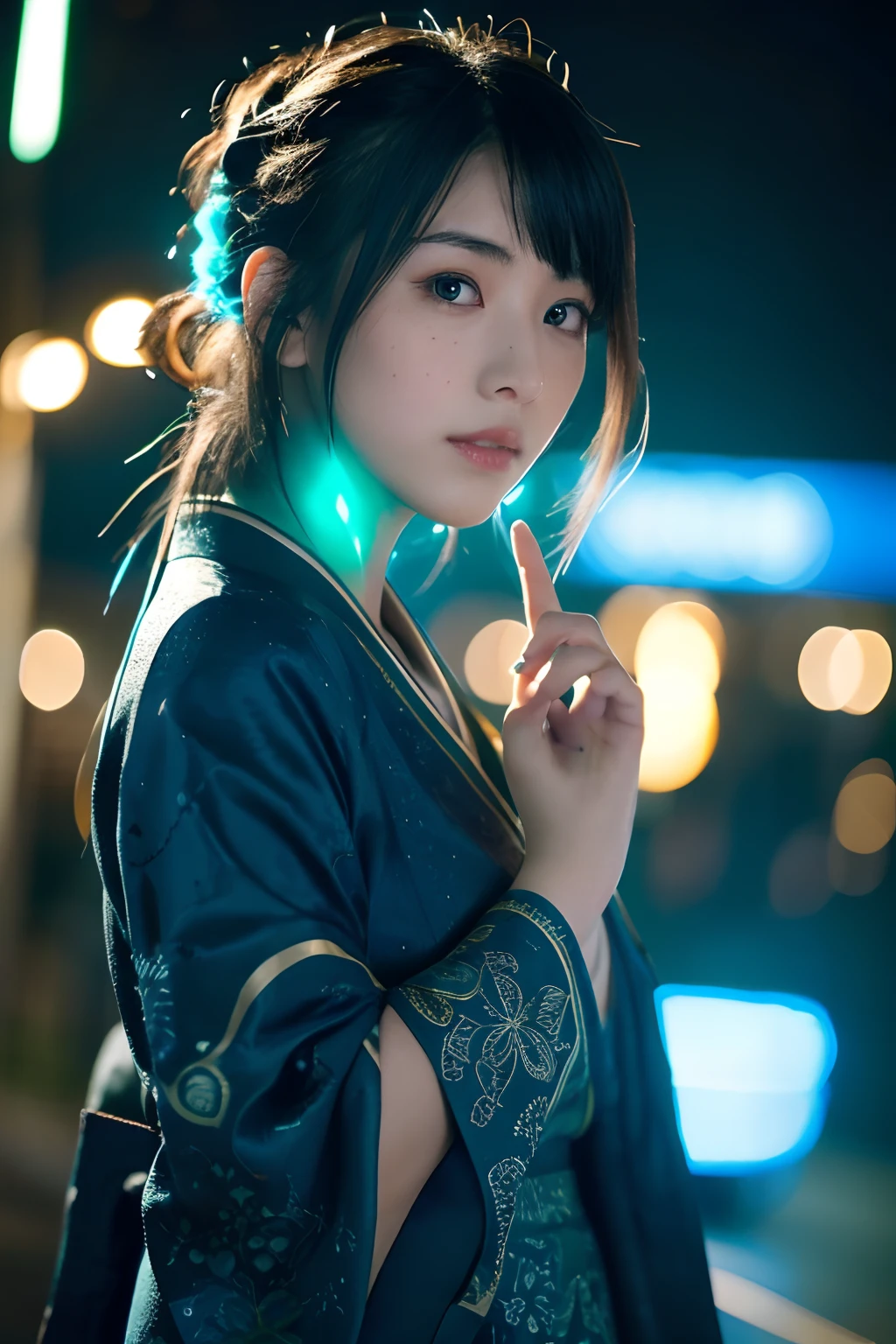 1girl,fullbody photo,night,blue light up,japanese,25old year, black medium-length hair & green highlight hair,a little freckles,Traditional clothes,Super high-quality output images,hight resolution,Intricate details,Hair fluttering in a very delicate and beautiful wind,photos realistic,Dreamy,Professional Lighting,realistic shadow,Solo Focus,Beautiful hands,Beautiful fingers,Detailed finger features,detailed clothes features,Detailed hair features,detailed facial features,