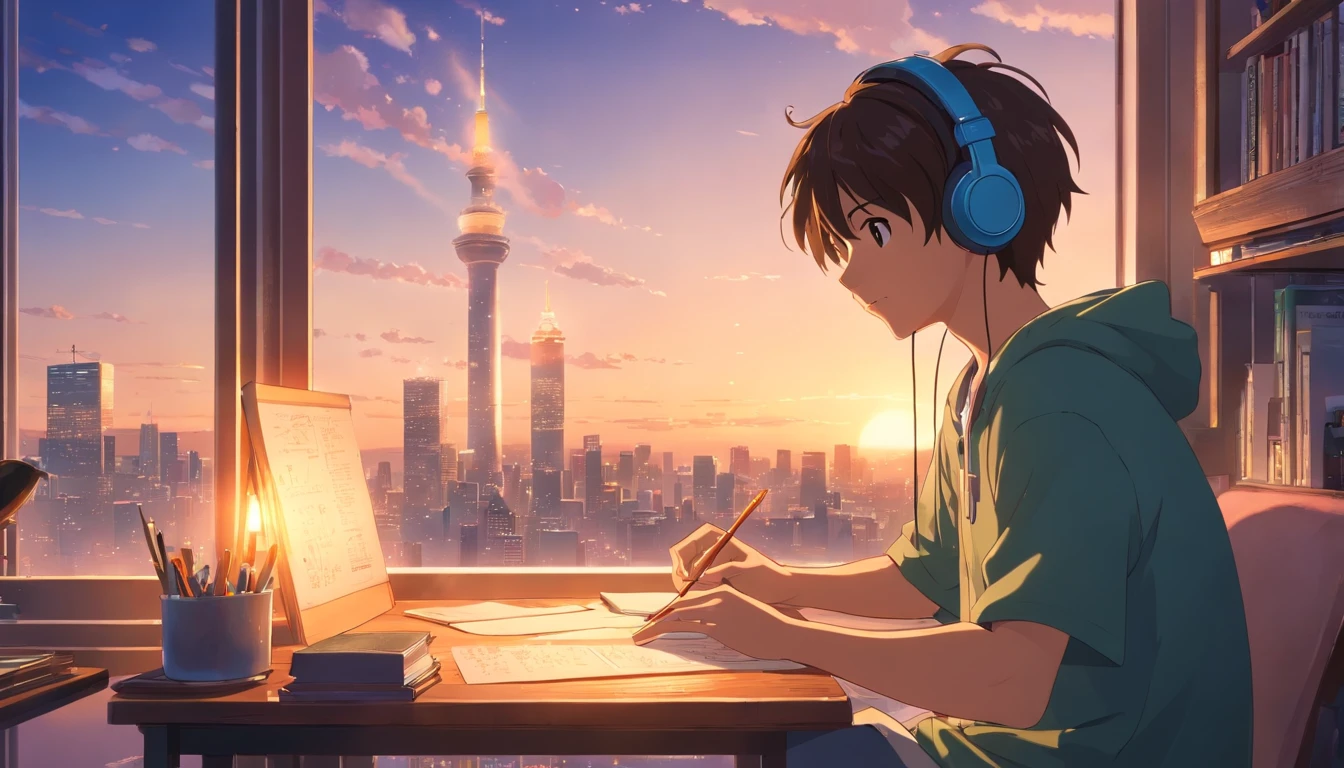 masterpiece, best quality, movie still, 1boy with headphones, reading, desk with lamp, city view outside window, bright, happy, warm soft lighting, relaxing, (sparks:0.7)